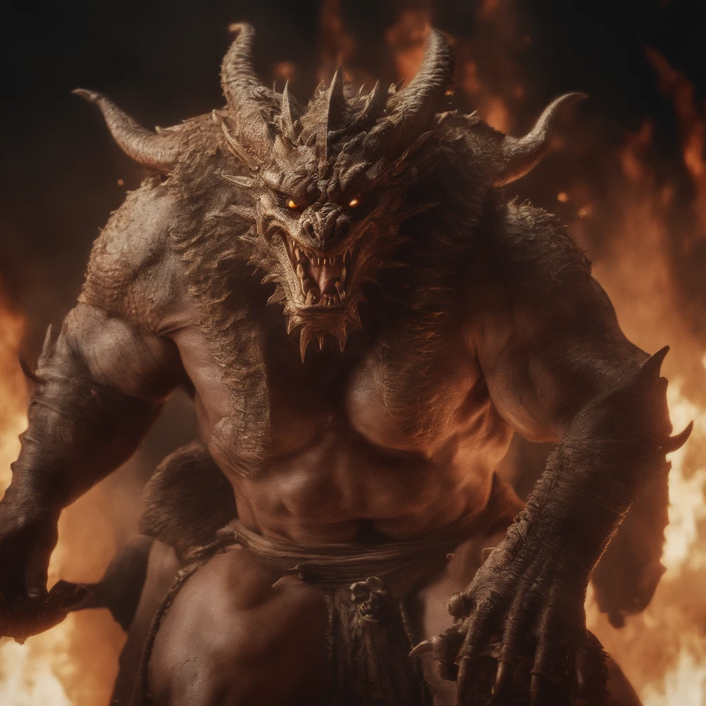 Tenryu Dourado,Rough red eyes,Close-up release of fire blood from the nose,Chest scales,alta qualidade,8k,muitos detalhes,Alface de fogo,Infelizmente,4 pernas,Garras manchadas,Ouro,Perigos,fires,dentes pontiagudos,big dragon,imensidade,Threatening,imponente