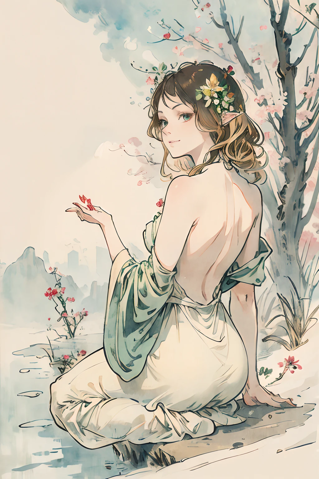 SFW,masutepiece, Best Quality, High resolution, 1girl in, Full body, Details Girl, detail hands, Detail fingers, Detail Face, detail legs, 1girl in, elf, Looking down, Flower Garden, Black sky, smog, watercolor paiting, pale skin, Petite, Blonde hair, Long hair, Wavy Hair, saddened, mournful smile, Green eyes, tareme, medium breasts, white sundress, Bare back, Planting trees