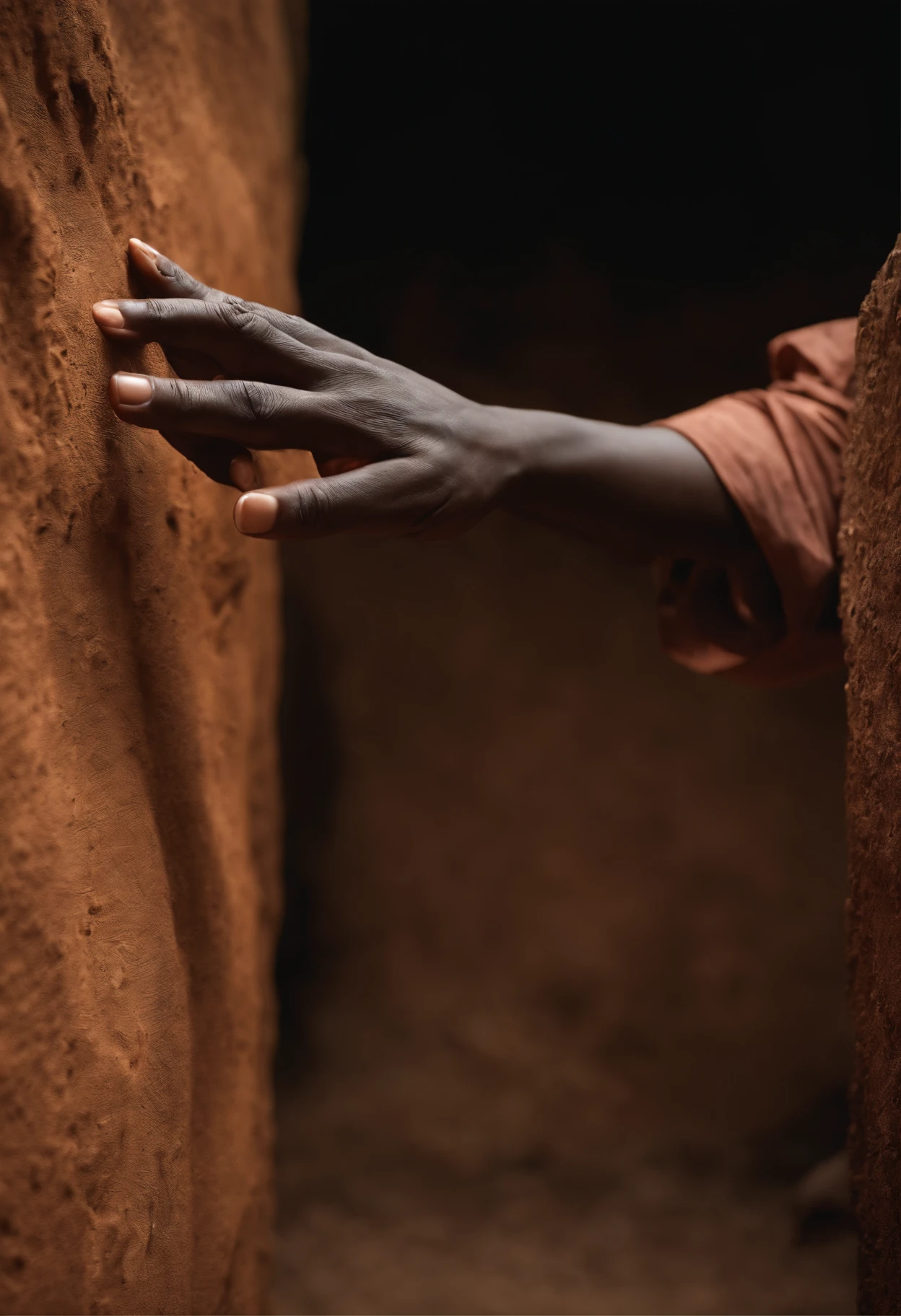 Describe an ultra-realistic image of a black hand gently caressing a wall of earth in Africa. The hand is covered in vivid detail, revelando rugas, cicatrizes e a textura da pele, while the earthen wall displays natural colors and textures of the African region, como tons de vermelho, marrom e ocre. A luz do sol incide suavemente sobre a cena, creating subtle shadows and highlighting every detail of the hand and the surface of the earth. The scene conveys a sense of deep connection to nature and an appreciation for the beauty of Africa