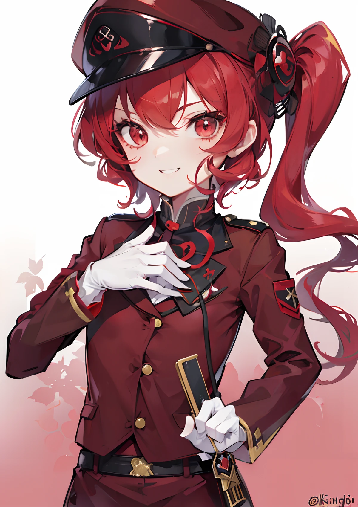 1 girl in, Vermilion hair, Side tail, Red Eyes, military outfits, Military uniform in pants, kawaii, ((Meeting room background:1.2)), Grinning smile, ((Bungo Stray Dogs)), ((Teruko Okura:1.2)), Colorful, ultra-detailliert, high-level image quality