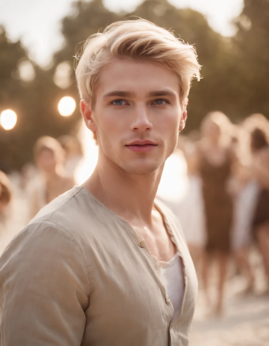 photo of a stunning handsome Australian male, blue eyes, short messy windy light blonde hair, flipping hair, closeup zoomed in tight crop portrait, walking down a (runway at a fashion show scene models people:1.2) wearing a (casual designer clothing:1.3) (expensive cellphone on his hand:1.3) (Lighting-Gold:1.2) foreground objects background details (masterpiece:1.2) (photorealistic:1.2) (bokeh:1.2) (best quality) (color grading) (detailed skin:1.3) (intricate) (8k) (HDR) (cinematic lighting:1.3) (sharp focus), messy windy hair