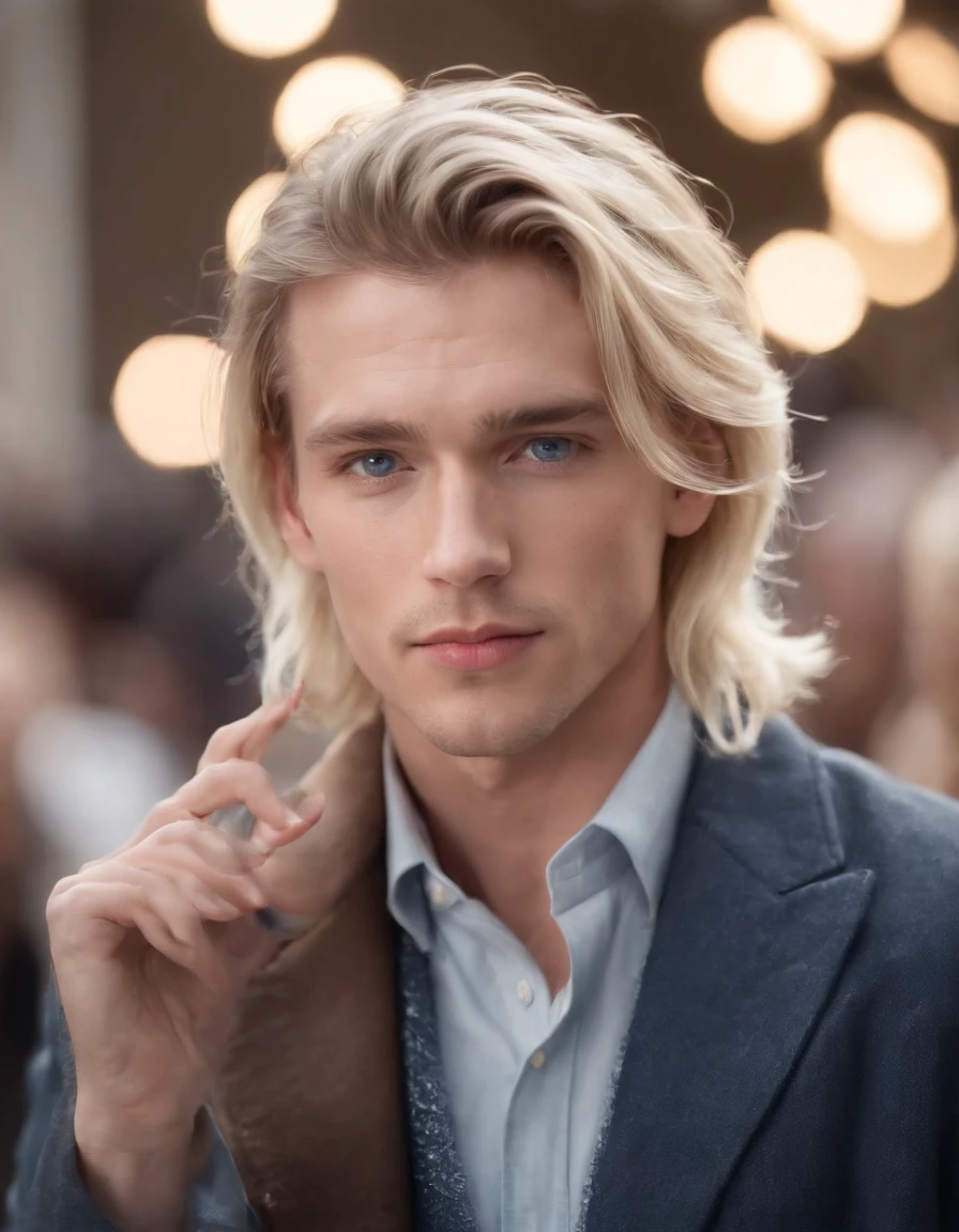 photo of a stunning handsome Australian male, blue eyes, short messy windy light blonde hair, flipping hair, closeup zoomed in tight crop portrait, walking down a (runway at a fashion show scene models people:1.2) wearing a (casual designer clothing:1.3) (expensive cellphone on his hand:1.3) (Lighting-Gold:1.2) foreground objects background details (masterpiece:1.2) (photorealistic:1.2) (bokeh:1.2) (best quality) (color grading) (detailed skin:1.3) (intricate) (8k) (HDR) (cinematic lighting:1.3) (sharp focus), messy windy hair