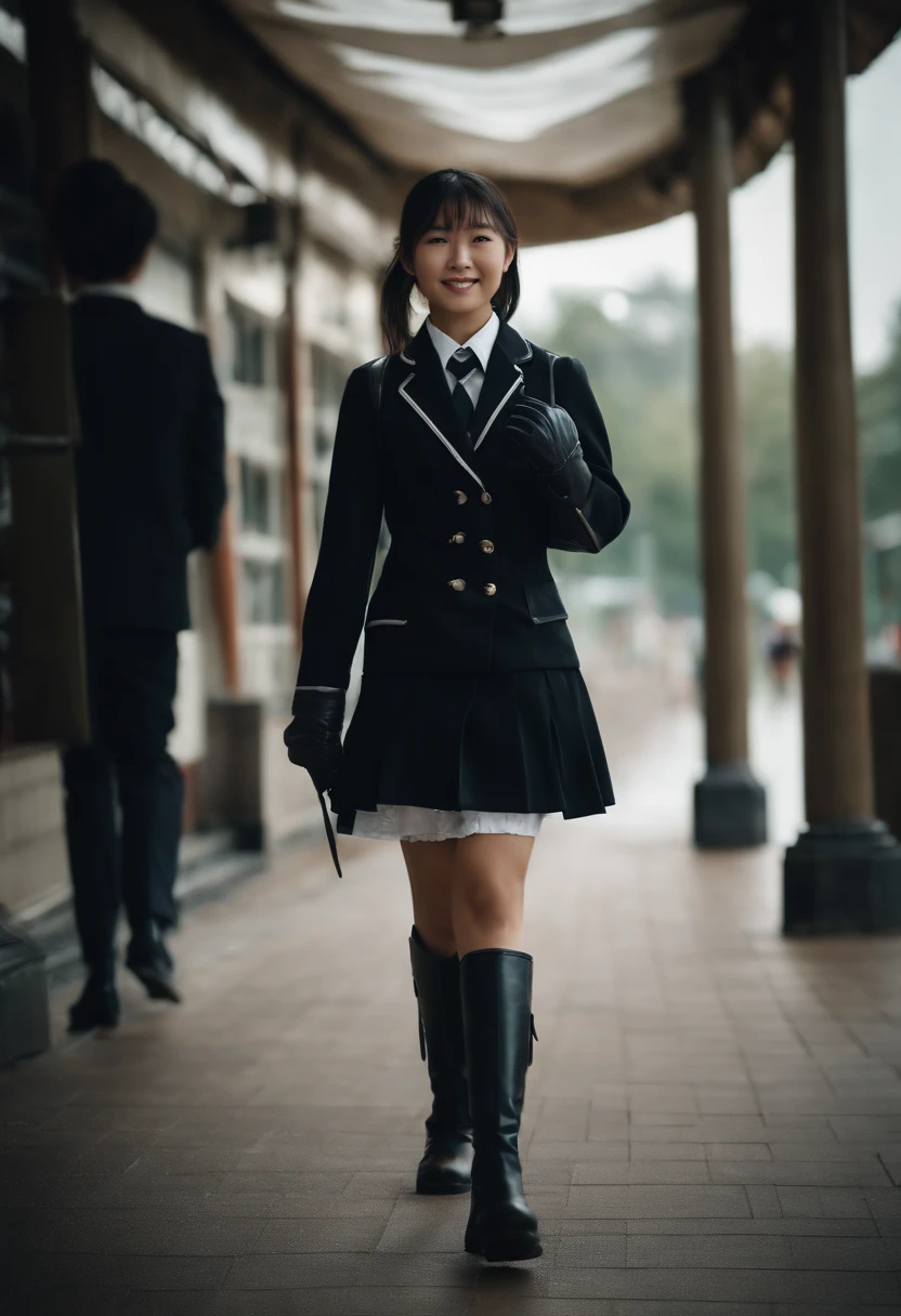 A Japanese high school girl in a blazer uniform, wearing black leather gloves in both hands, wearing black leather long boots, walking with a smile, traveling alone