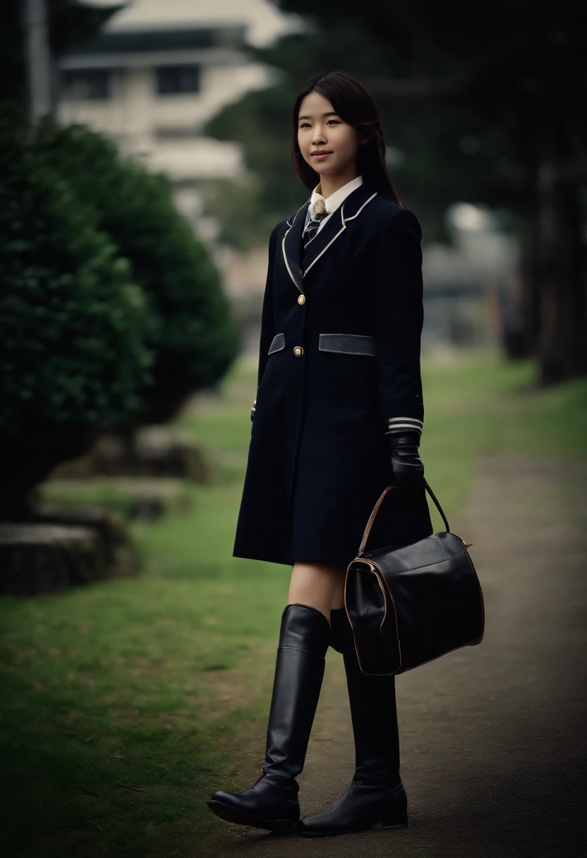 A Japanese high school girl in a blazer uniform, wearing black leather gloves in both hands, wearing black leather long boots, walking with a smile, traveling alone