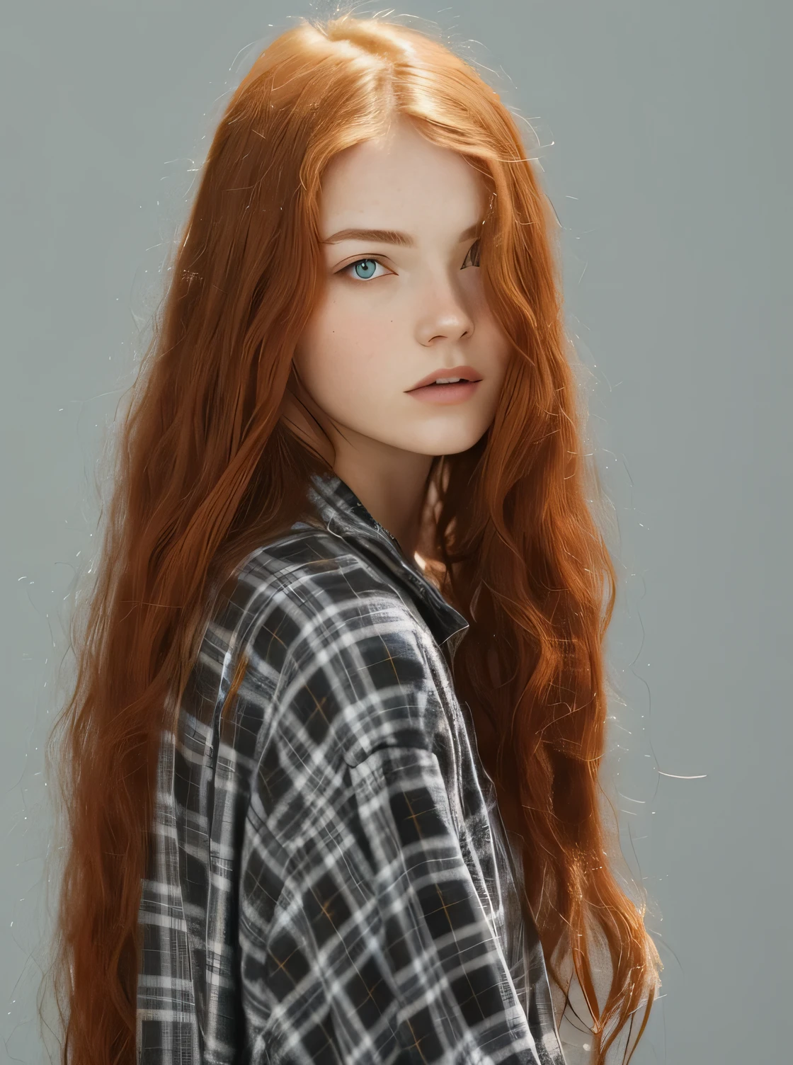 a close up of a woman with long red hair wearing a plaid shirt, long ginger hair, flowing red hair, with long red hair, she has long red hair, long glowing red hair, wild ginger hair, long red hair, red hair and attractive features, soft red hair, wavy hair, red head, infp young woman, sadie sink