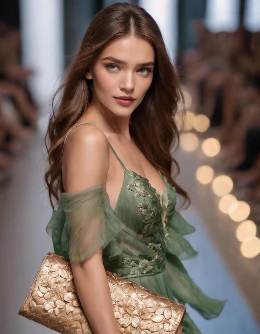 photo of a stunning extremely beautiful Hawaiian supermodel, green eyes, long messy windy light brown hair, flipping hair, closeup zoomed in tight crop portrait, walking down a (runway at a fashion show scene models people:1.2) wearing a (fluttering floral high couture dress:1.3) (expensive clutch bag on her hand:1.3) (Lighting-Gold:1.2) foreground objects background details (masterpiece:1.2) (photorealistic:1.2) (bokeh:1.2) (best quality) (color grading) (detailed skin:1.3) (intricate) (8k) (HDR) (cinematic lighting:1.3) (sharp focus), messy windy hair