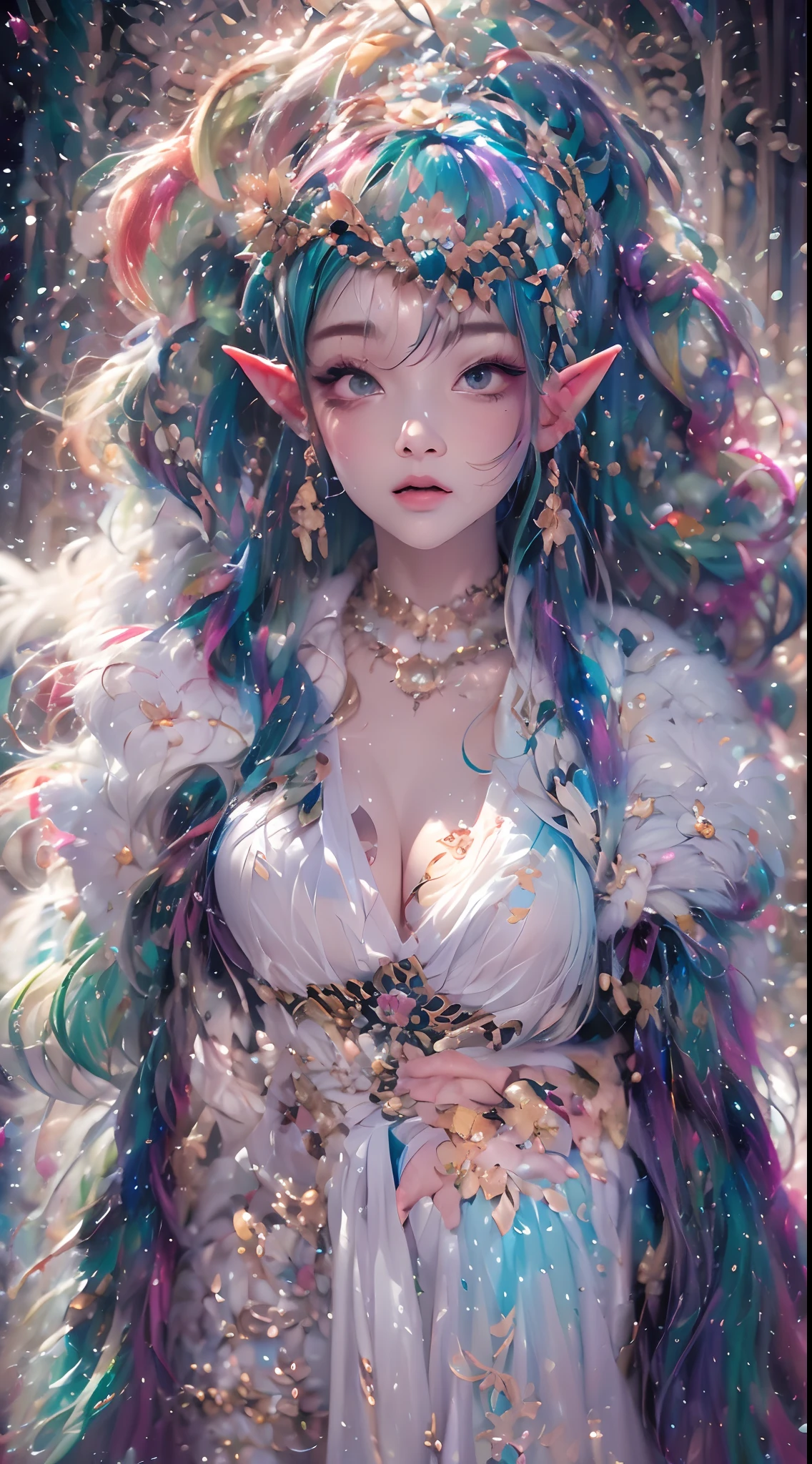 ( Absurd, High quality, Ultra-detailed, Masterpiece, concept-art, smooth, high detail artwork, Hyper-realistic painting , high resolution, paint splatter, colored splashing, Splash of Ink, colored splashing), (( Rainbow hair)),elf, Plum elf, plum , Transparent fairy wings, wearing only his underwear,huge tit,low chest,fairytale-like, Romantic, Vivid, Whole body,hand behind back,Malu,largeeyes,(Eye focus),Cosmic eyes,Space eyes,In nature with waterfalls,PureErosFace_V1,Urzang-6500-V1 Edition, Edition.1,