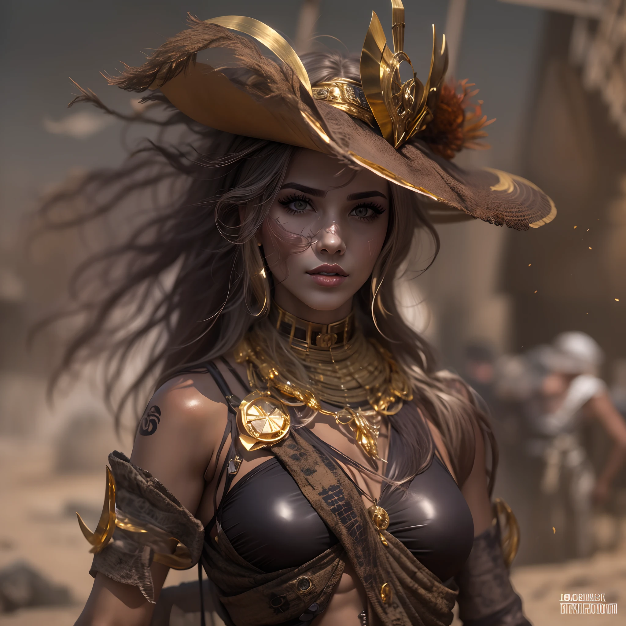 Gere uma imagem da personagem Mara, also known as 'Mara Death Dealer', do jogo Call of Duty: Guerra moderna.  corpo inteiro, fisionomia cruel, micro bikini, cor vermelha e preta, Detalhes em ouro, na praia, sol poente, palmeiras, corpo escultural, flowing hair, ((metralhadoras, Granadas, gold accessories)),