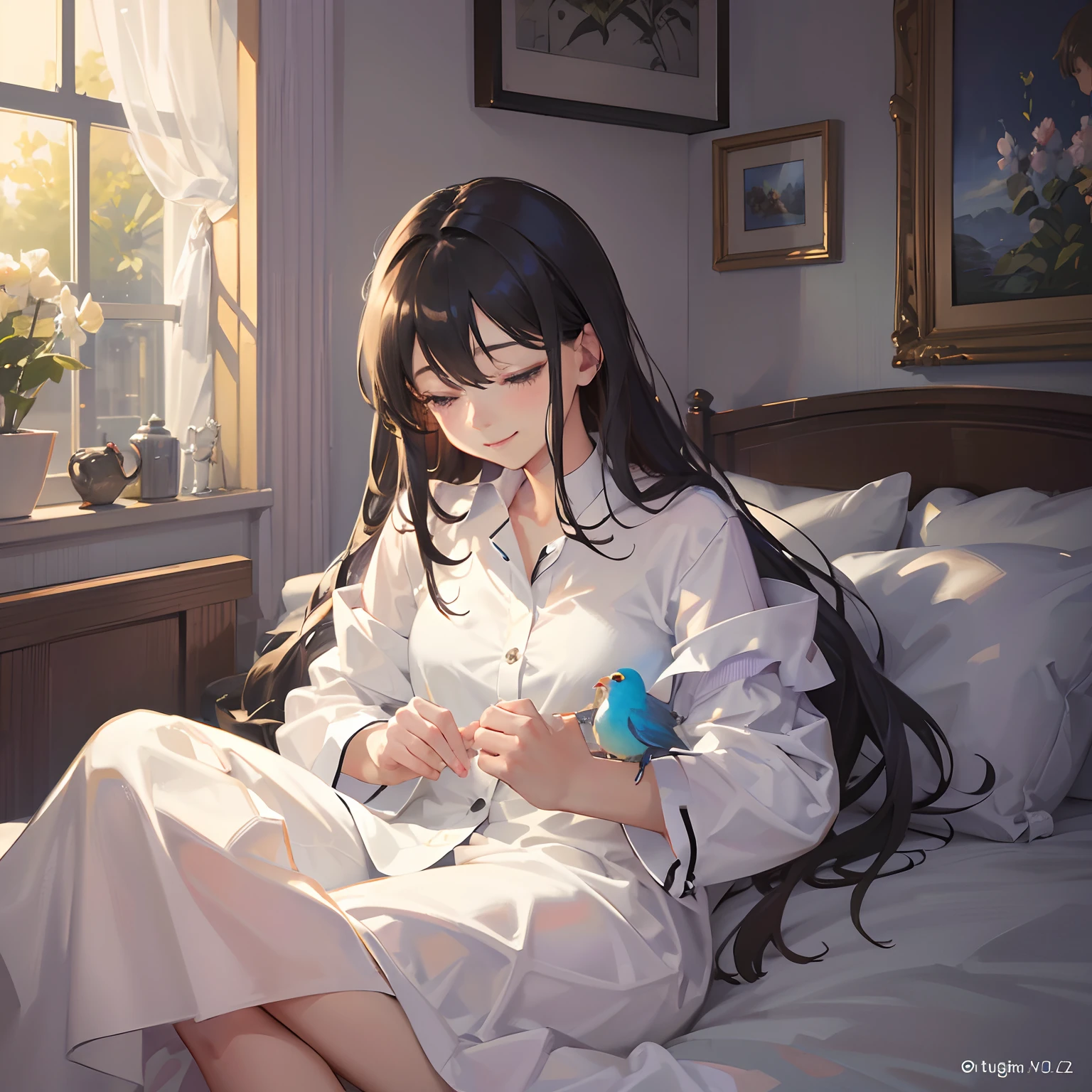 (best quality, ultra-detailed, realistic:1.37), vivid colors, portraits, bokeh, bird, round and cute black eyes, blue