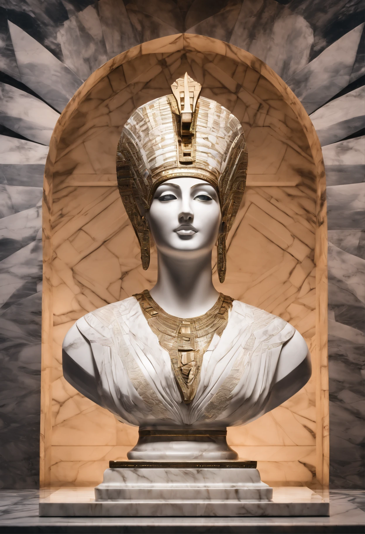 White marble statue of the bust of the sage in the style of the Egyptian queen Cleopatra in the museum. atmosfera oscura, Alto contraste de luces y sombras, profesional photography, utrarealista, Light Volumetric, kinematics
