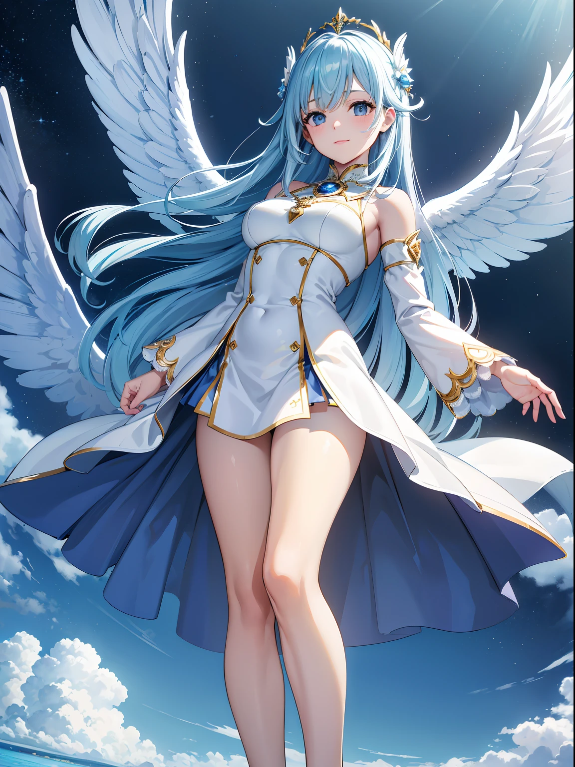 best quality, super fine, 16k, incredibly absurdres, extremely detailed, 2.5D, delicate and dynamic depiction, goddess looking down from the sky, compassionate expression, feathered robes, little exposed skin, devastated land and city, magnificent view:1.5