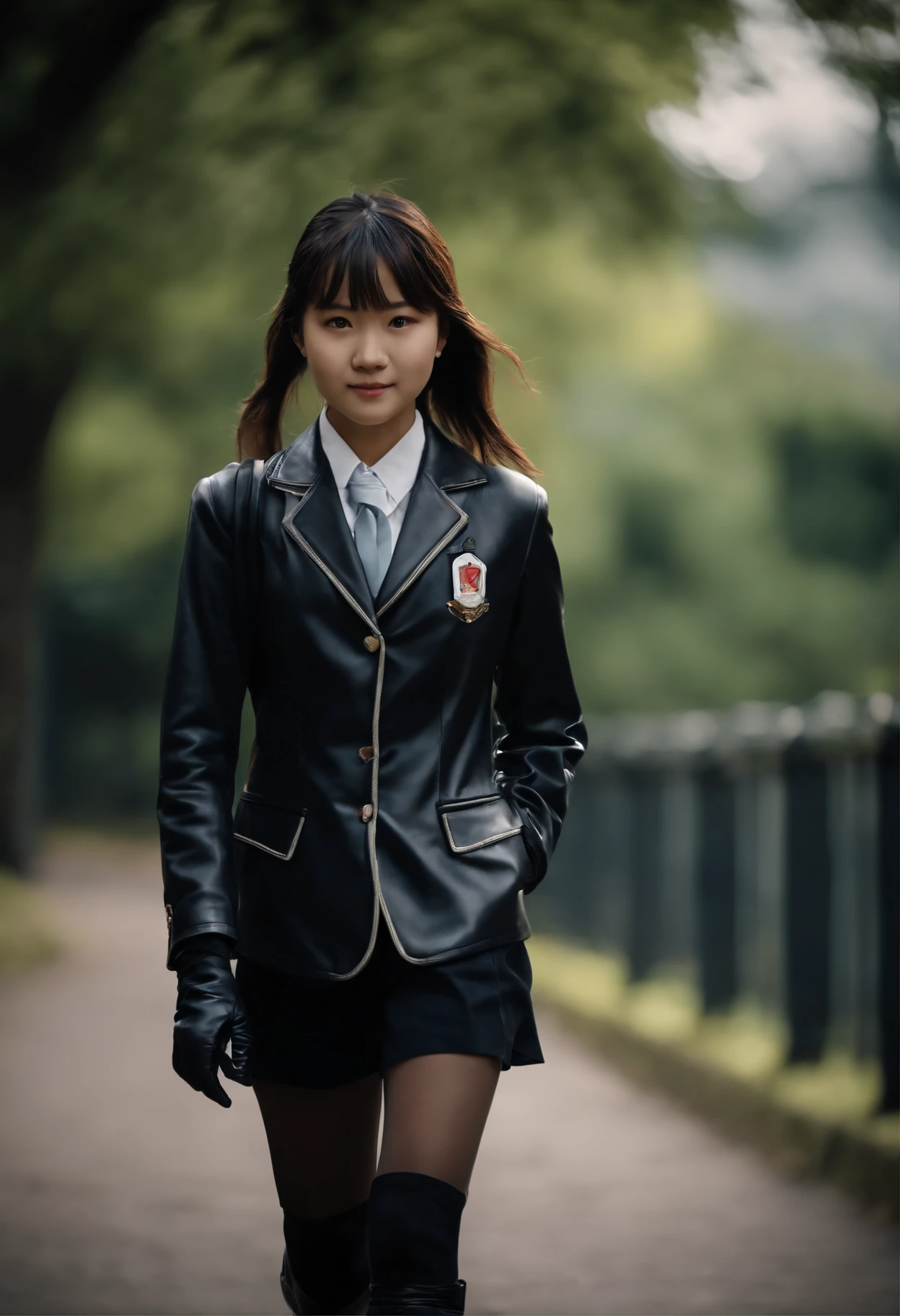 A Japanese high school girl in a blazer uniform, wearing black leather gloves in both hands, wearing black leather long boots, walking with a smile, traveling alone