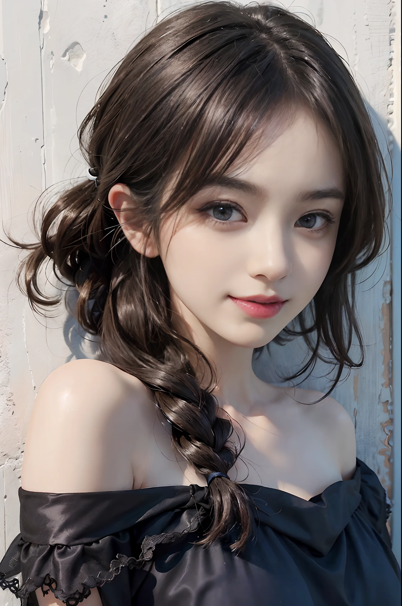 highest quality, realistic, 8K, High resolution, 1 girl, woman, (skin dents), (portrait:0.6), nice, ((white background, naked, small breasts:1.65)), (Brown hair in braids, parted bangs:1.4), looking at the viewer, (1 girl eyes looking at the viewer:1.6), realistic, (Bokeh), (closed mouth, smile:1.3), nice, Pueros face_V1:1,