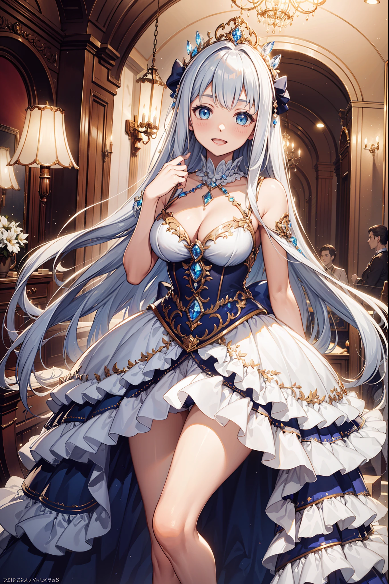 Dramatic composition，Court-style dress，royal，a gorgeous，Layers of frills，The best princess，Ruffles，Bow knot，Crystal chandeliers，Ponet cap，Maximalism，Palatial background，Carefully depicted hair and eyes，Princess dress，Gorgeous dress，Flowers in hand，ssmile，Starry eyes，cinematric light，extreme hight detail，High- sharpness，Happy girl，Very long hair，Diamond，pearls，Broken diamonds，Crystal Shard，light particules