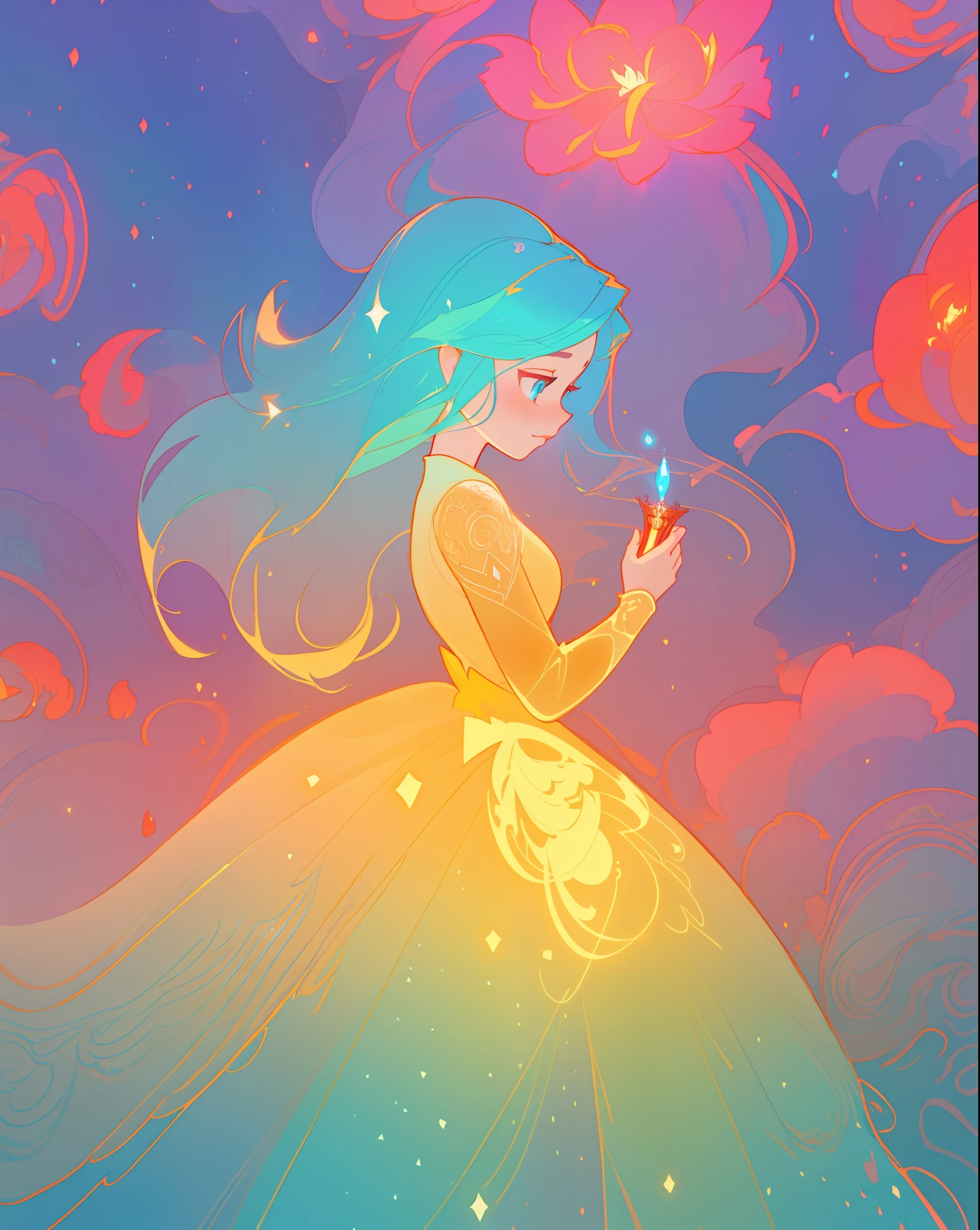 beautiful anime girl in an intricately designed layered ballgown, flowing long sleeves, beautiful round face features, delicate face, young beautiful girl, flowing gown, inspired by Glen Keane, inspired by Lois van Baarle, disney art style, by Lois van Baarle, glowing aura around her, by Glen Keane, jen bartel, glowing lights! digital painting, flowing glowing hair, glowing flowing hair, beautiful digital illustration, fantasia background, whimsical, magical, fantasy, beautiful face, ((masterpiece, best quality)), intricate details, highly detailed, sharp focus, 8k resolution, sparkling detailed eyes, liquid watercolor
