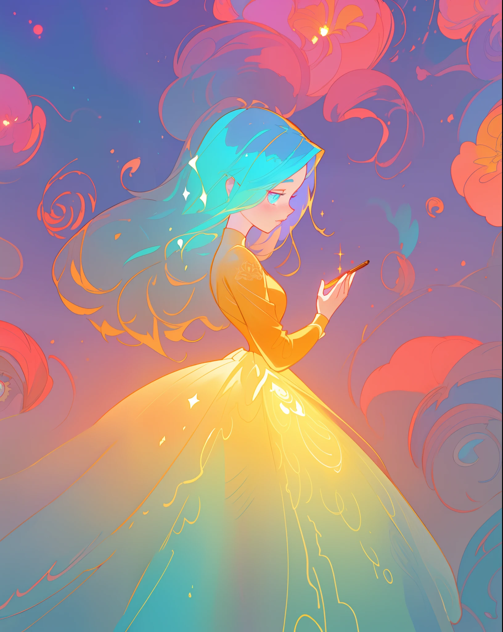 beautiful anime girl in an intricately designed layered ballgown, flowing long sleeves, beautiful round face features, delicate face, young beautiful girl, flowing gown, inspired by Glen Keane, inspired by Lois van Baarle, disney art style, by Lois van Baarle, glowing aura around her, by Glen Keane, jen bartel, glowing lights! digital painting, flowing glowing hair, glowing flowing hair, beautiful digital illustration, fantasia background, whimsical, magical, fantasy, beautiful face, ((masterpiece, best quality)), intricate details, highly detailed, sharp focus, 8k resolution, sparkling detailed eyes, liquid watercolor