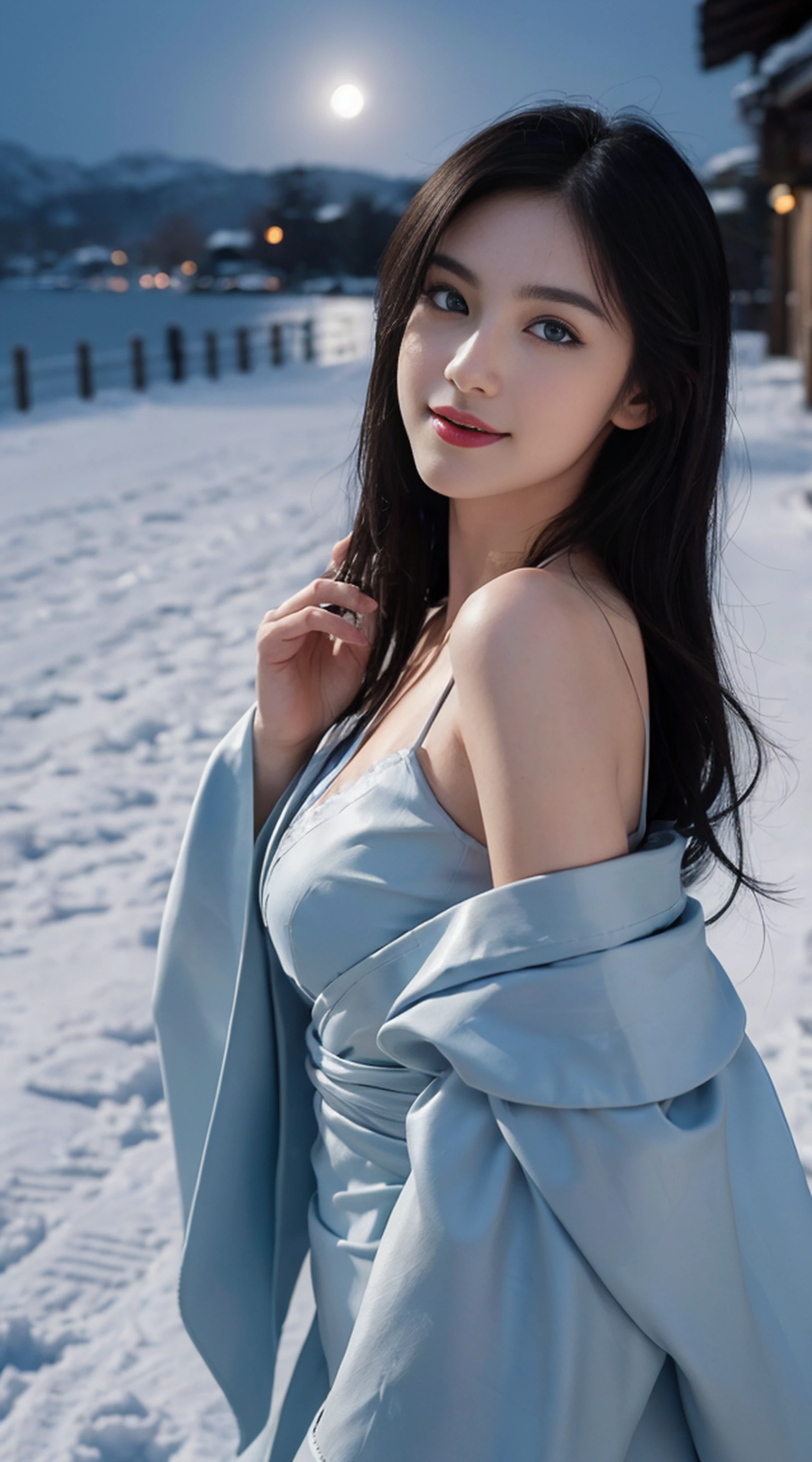 8K, Top Quality, Intricate Details, Ultra Detail, Ultra High Resolution, Masterpiece, random angle, Slender, Smile, (Makeup: 0.4), (Fluffy Blue Eyes: 1.21), blue Eyes, looking at viewer, ((full body)), 1girl, solo, 1 girl, (( full body)), close up shot, , ((tall)), (((fit body))), (((slim face))), sharp face, sharp eyes, (((black hair, long hair, )) , (detailed face), sharp face, small lips, holding pistol, handgun,
(( )), ((, kimono )), detailed face, detailed breast, , large breast, detail ass, , Beautiful girl with accentuated slender abs: 1.4, Six Pack Abs: 1.4, Bust Botox, Big, Perfect Body, detail leg, (( moonlight)), in the snow