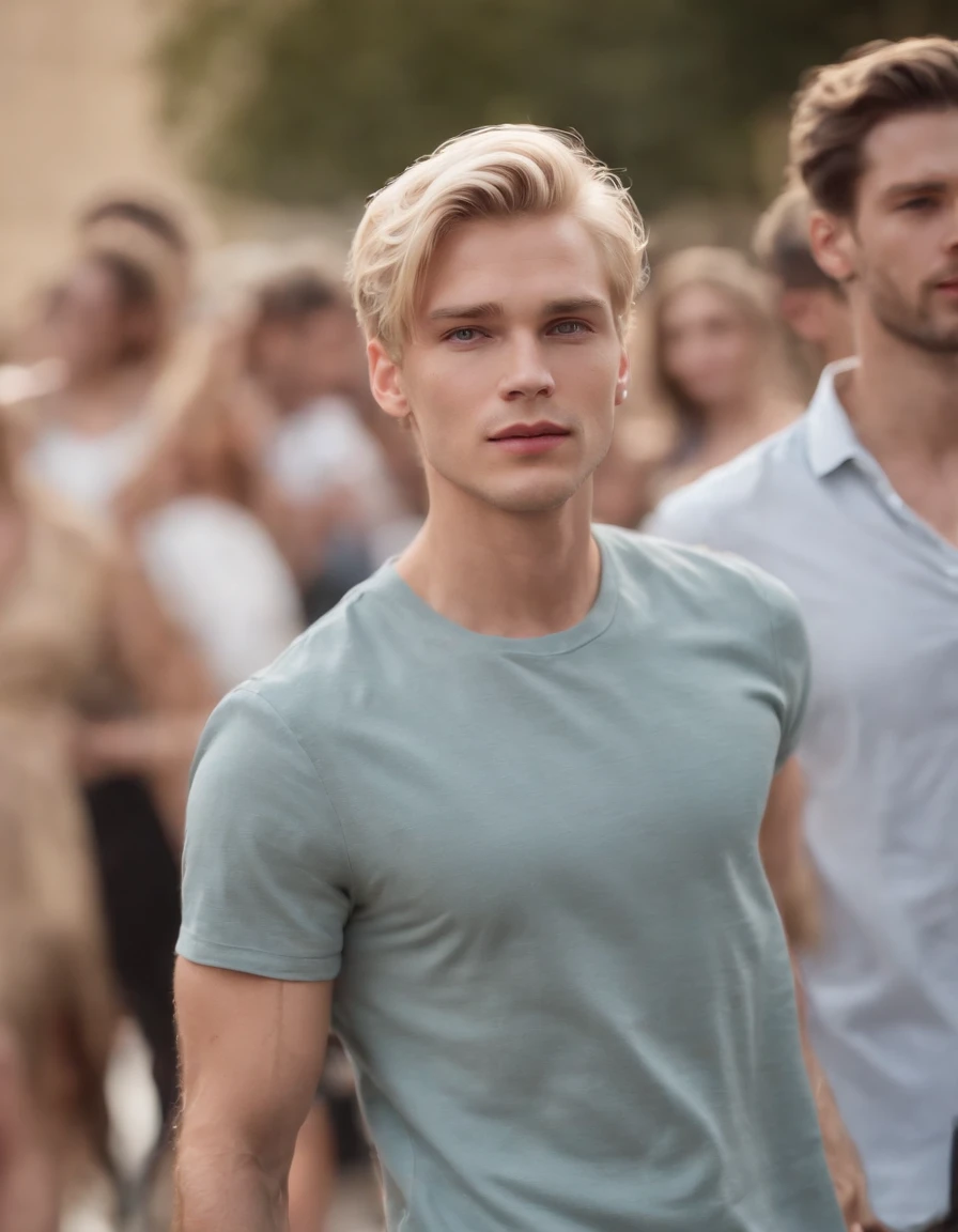 photo of a stunning handsome German male, green eyes, short messy windy light blonde hair, flipping hair, closeup zoomed in tight crop portrait, walking down a (runway at a fashion show scene models people:1.2) wearing a (casual designer clothing:1.3) (expensive cellphone on his hand:1.3) (Lighting-Gold:1.2) foreground objects background details (masterpiece:1.2) (photorealistic:1.2) (bokeh:1.2) (best quality) (color grading) (detailed skin:1.3) (intricate) (8k) (HDR) (cinematic lighting:1.3) (sharp focus), messy windy hair