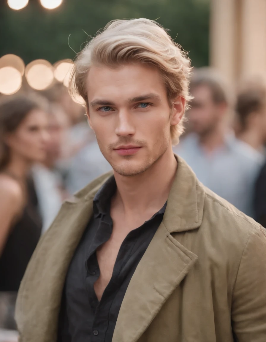 photo of a stunning handsome German male, green eyes, short messy windy light blonde hair, flipping hair, closeup zoomed in tight crop portrait, walking down a (runway at a fashion show scene models people:1.2) wearing a (casual designer clothing:1.3) (expensive cellphone on his hand:1.3) (Lighting-Gold:1.2) foreground objects background details (masterpiece:1.2) (photorealistic:1.2) (bokeh:1.2) (best quality) (color grading) (detailed skin:1.3) (intricate) (8k) (HDR) (cinematic lighting:1.3) (sharp focus), messy windy hair