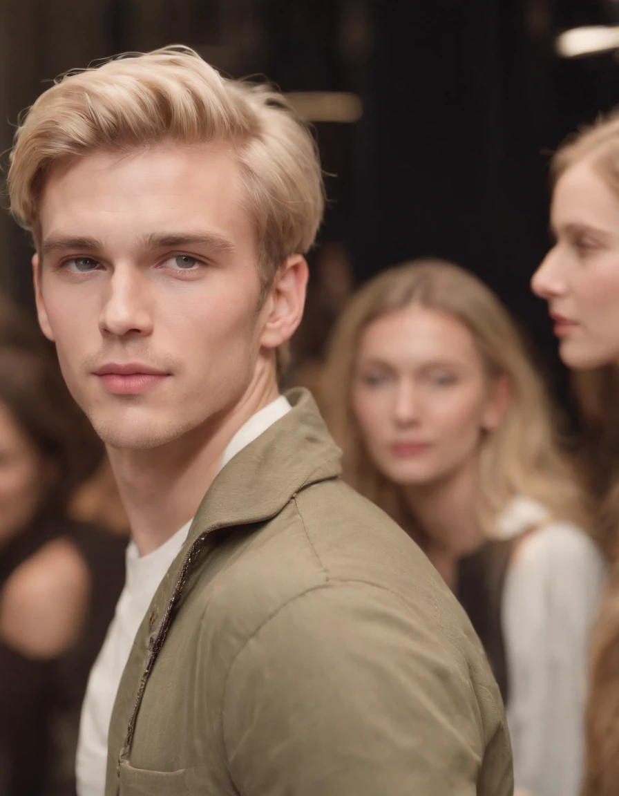 photo of a stunning handsome German male, green eyes, short messy windy light blonde hair, flipping hair, closeup zoomed in tight crop portrait, walking down a (runway at a fashion show scene models people:1.2) wearing a (casual designer clothing:1.3) (expensive cellphone on his hand:1.3) (Lighting-Gold:1.2) foreground objects background details (masterpiece:1.2) (photorealistic:1.2) (bokeh:1.2) (best quality) (color grading) (detailed skin:1.3) (intricate) (8k) (HDR) (cinematic lighting:1.3) (sharp focus), messy windy hair