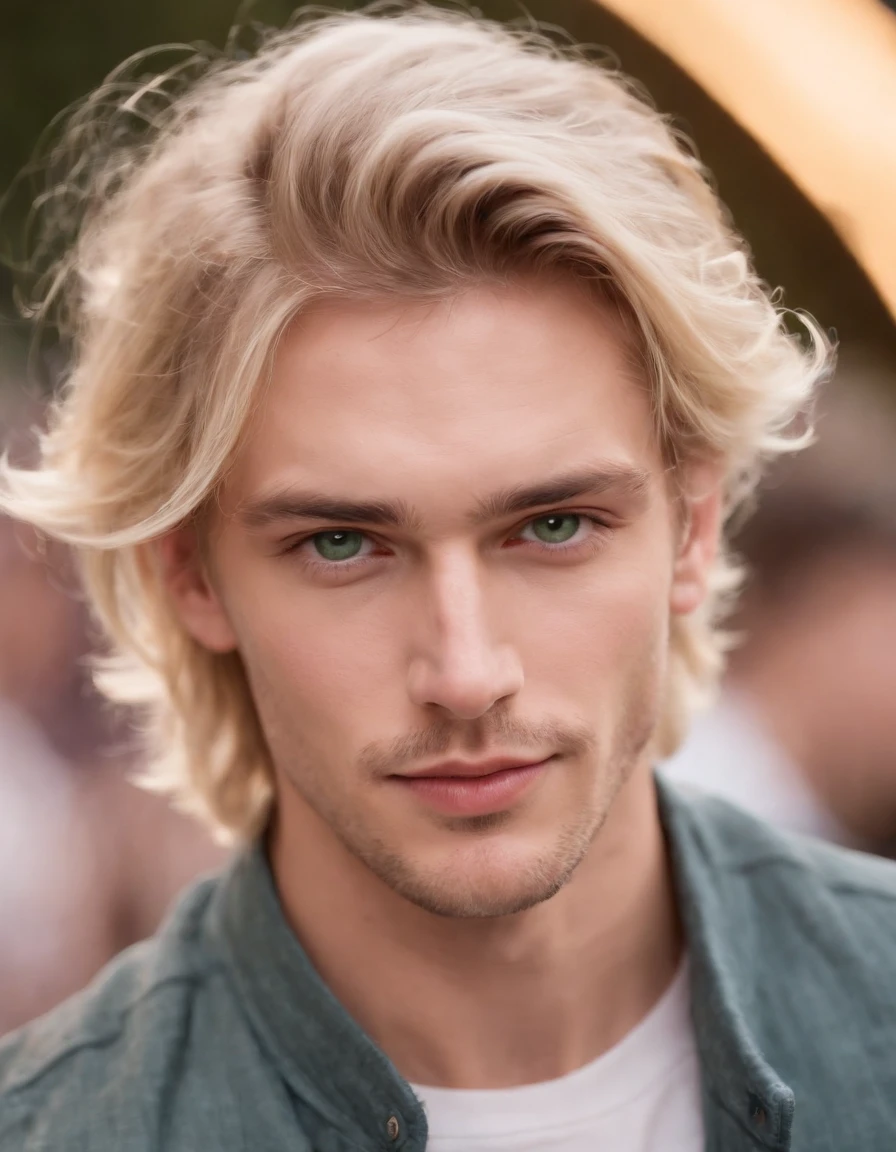 photo of a stunning handsome German male, green eyes, short messy windy light blonde hair, flipping hair, closeup zoomed in tight crop portrait, walking down a (runway at a fashion show scene models people:1.2) wearing a (casual designer clothing:1.3) (expensive cellphone on his hand:1.3) (Lighting-Gold:1.2) foreground objects background details (masterpiece:1.2) (photorealistic:1.2) (bokeh:1.2) (best quality) (color grading) (detailed skin:1.3) (intricate) (8k) (HDR) (cinematic lighting:1.3) (sharp focus), messy windy hair