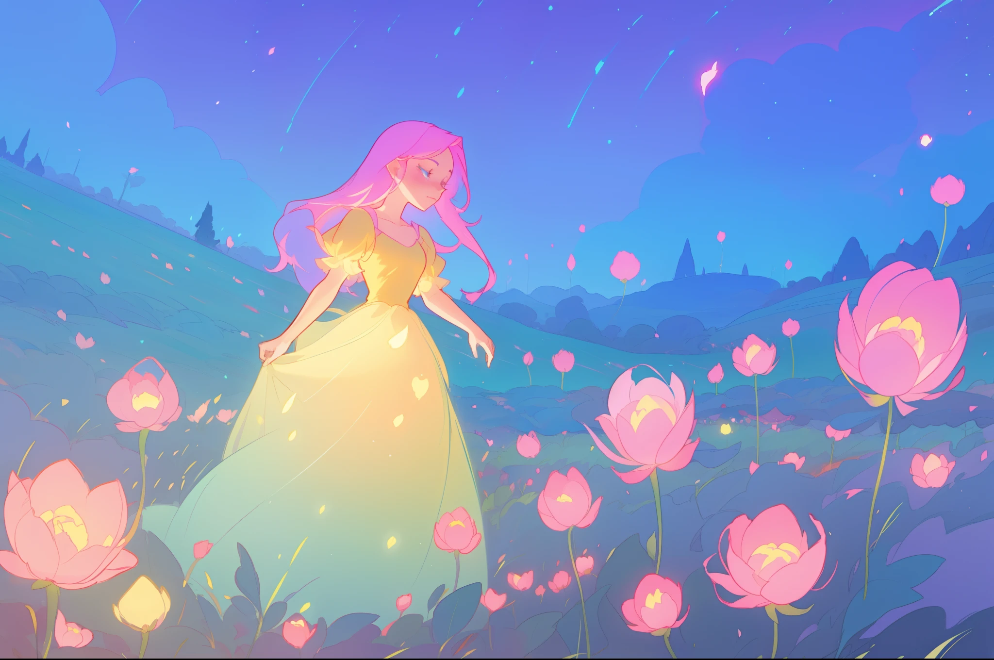 beautiful girl in flowing ballgown, (field with otherworldly round glowing flowers), ethereal, magical, whimsical, beautiful girl, inspired by Glen Keane, inspired by Lois van Baarle, disney art style, by Lois van Baarle, glowing aura around her, by Glen Keane, jen bartel, glowing lights! digital painting, flowing glowing hair, glowing flowing hair, beautiful digital illustration, fantasia otherworldly landscape plants flowers, beautiful, masterpiece, best quality, anime disney style, sharp focus, 8k resolution, highly detailed, intricate detail