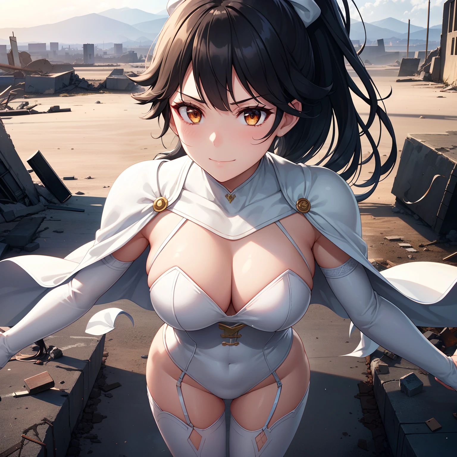 1girl,,big breasts,standing in ruined city,(8k),scratches,detailed face,black hair,brown eyes,very long hair,embarassed,small smile face,ponytail,hair, high_res, high_definition,the battlefield,battle pose,corset,cape,gloves, (Emma Frost Custome:1.1),