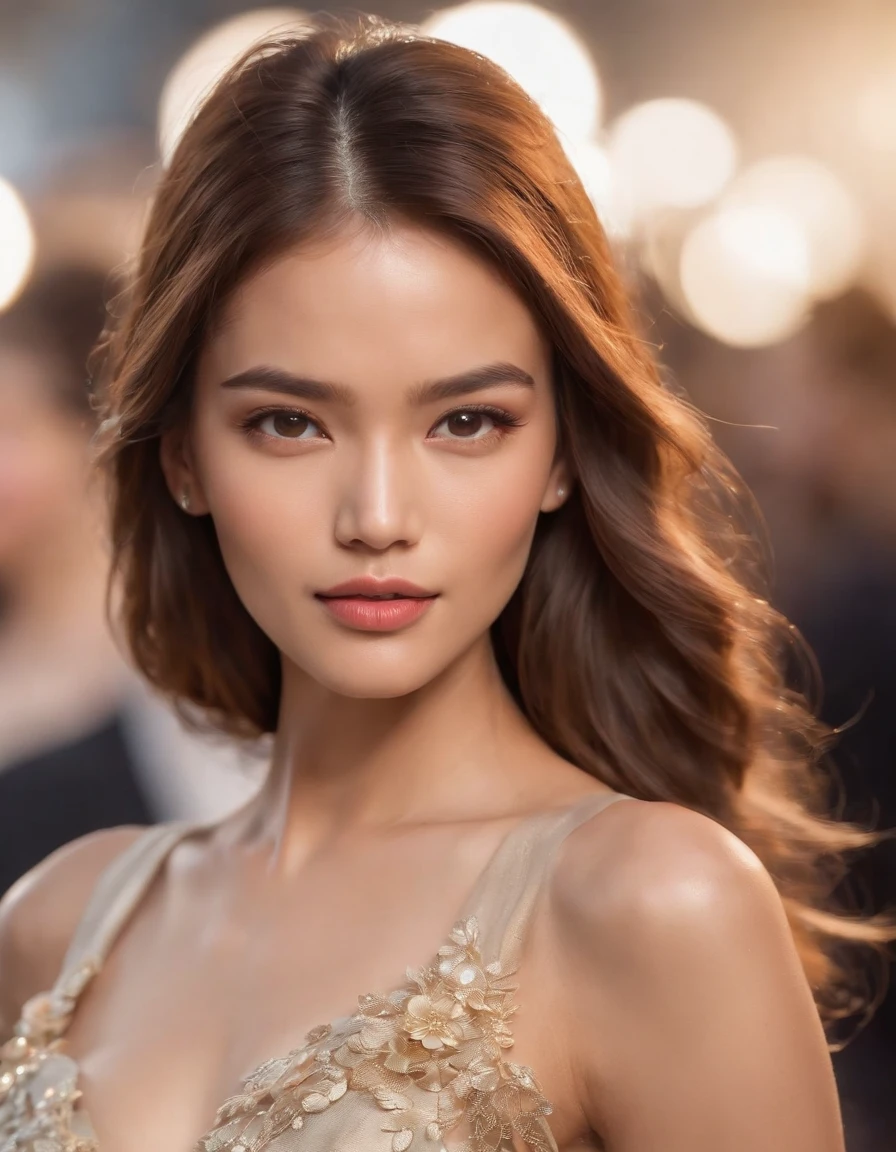 photo of a stunning extremely beautiful Filipina supermodel, green eyes, long messy windy light brown hair, flipping hair, closeup zoomed in tight crop portrait, walking down a (runway at a fashion show scene models people:1.2) wearing a (fluttering floral high couture dress:1.3) (expensive clutch bag on her hand:1.3) (Lighting-Gold:1.2) foreground objects background details (masterpiece:1.2) (photorealistic:1.2) (bokeh:1.2) (best quality) (color grading) (detailed skin:1.3) (intricate) (8k) (HDR) (cinematic lighting:1.3) (sharp focus), messy windy hair