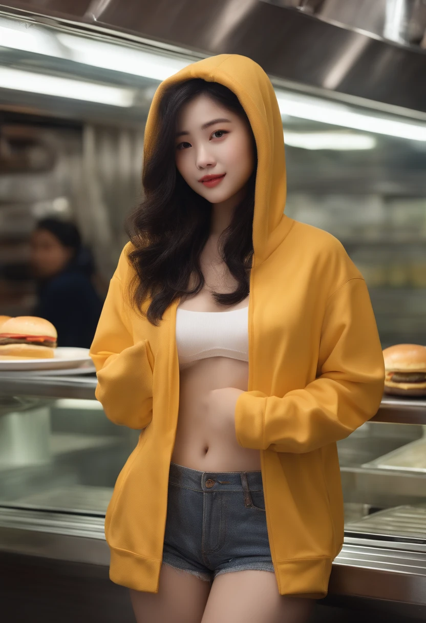 ×NSFW　Inside the hamburger shop on the university campus。A well-bred young woman shows off herself wearing a hoodie with a naked smile。With naturally growing pubic hair、Walking with the female genitalia exposed。Nasty smile。Semi-long black hair、With a rich eros body。stature１６２centimeter、Happy smile｟Full body like｠｟wetting hair｠Ultra-realistic as a photo。(((In a crowded hamburger joint)))×NSFW