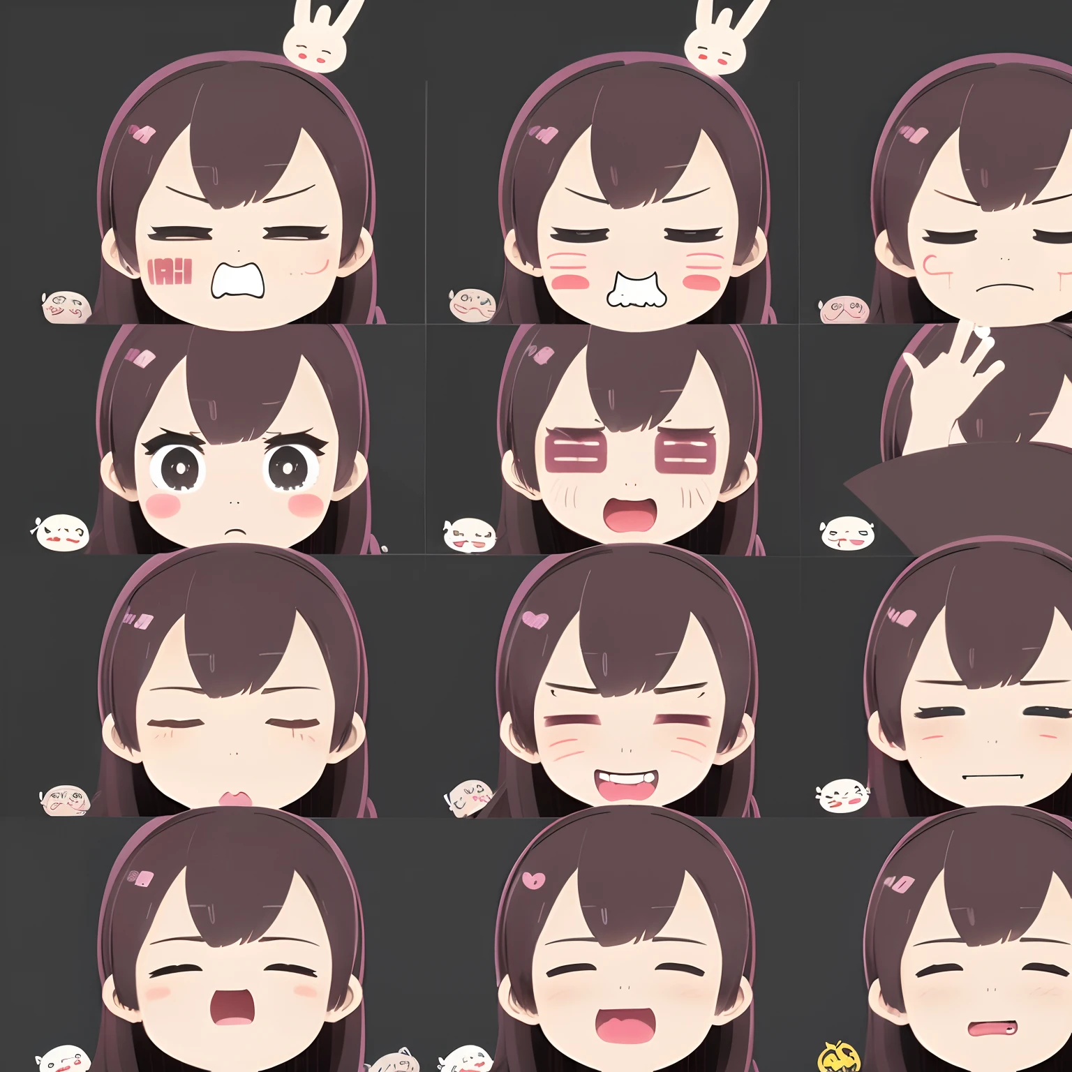 sticker emoji designing, mutilple poss and expressions of a cute anime girl, dynamic poses, Happy, Sad, Angry, Excited, Nervous, Surprised, Hopeful, In love, Lonely, Bored, Tired, Relaxed, Playful, Serious, Curious, Amused, Frustrated, Anxious, Joyful, equal spacing between each element and no overlapping, clean background --auto