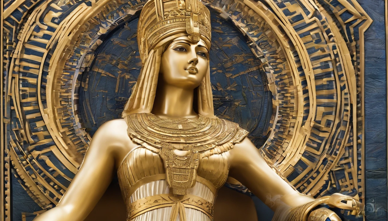 a closeup of a golden statue of a woman with a crown, deusa. Detalhes extremamente altos, cleopatra portrait, Retrato da deusa 3D, tiro extremamente detalhado da deusa, escultura feita de ouro, beautiful cleopatra, retrato close-up da deusa, Um retrato impressionante de uma deusa, Retrato de uma bela deusa, cinematic goddess close shot, 3 d deusa minerva, cleopatra portrait