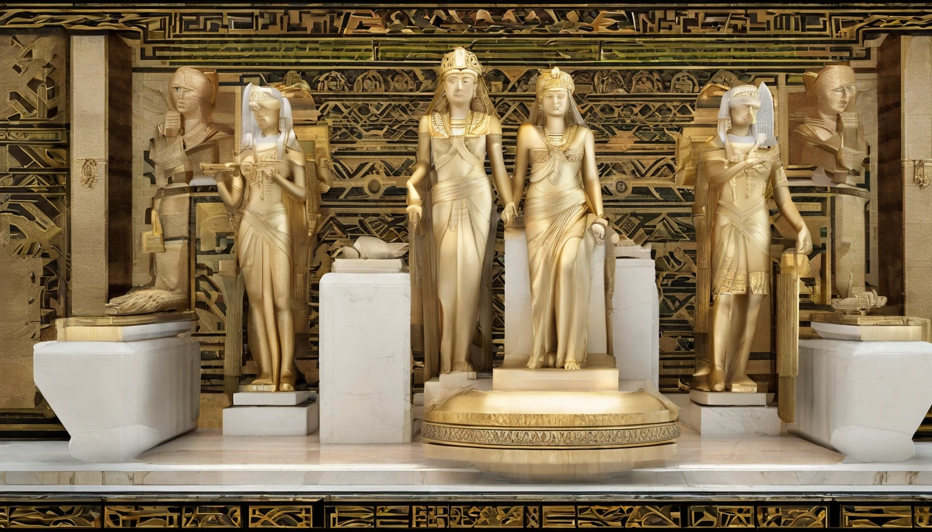 Estatua de la reina egipcia Cleopatra, in marble in a museum, Ancient atmosphere, cuerpo completo, ropa egipcia de la realeza