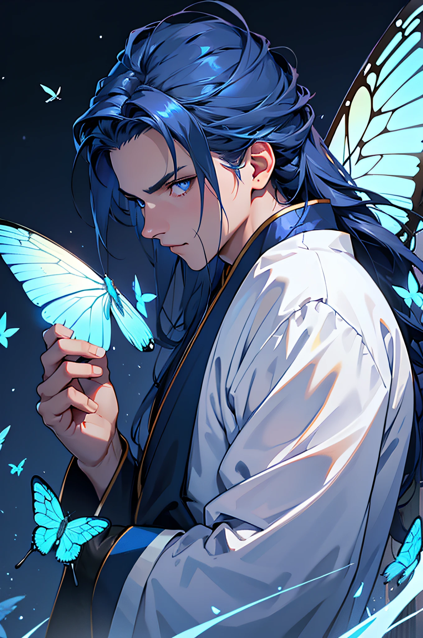 ((masterpiece)), (((best quality))), ((extrem details)), HDR, ((one man)), long dark blue hair, blue eyes, white glowing butterflies, night, old chinese clothing