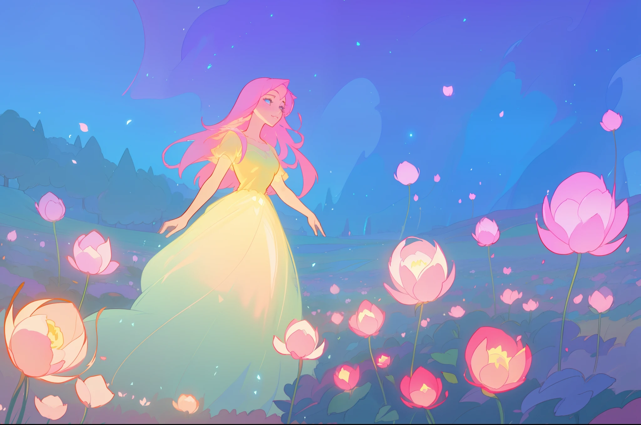 beautiful girl in flowing ballgown, (field with otherworldly round glowing flowers), ethereal, magical, whimsical, beautiful girl, inspired by Glen Keane, inspired by Lois van Baarle, disney art style, by Lois van Baarle, glowing aura around her, by Glen Keane, jen bartel, glowing lights! digital painting, flowing glowing hair, glowing flowing hair, beautiful digital illustration, fantasia otherworldly landscape plants flowers, beautiful, masterpiece, best quality, anime disney style, sharp focus, 8k resolution, highly detailed, intricate detail