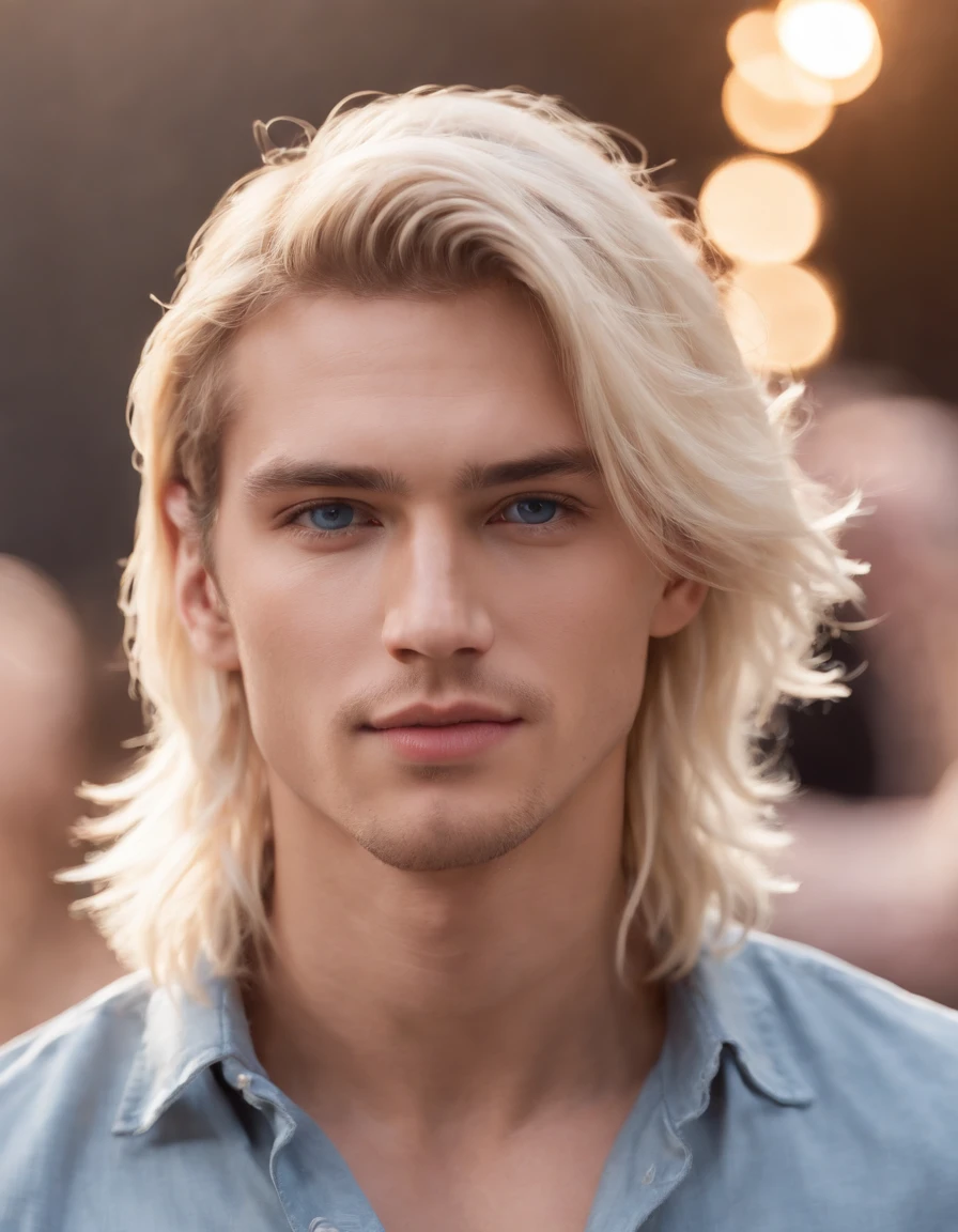 photo of a stunning handsome Hawaiian male, blue eyes, short messy windy light blonde hair, flipping hair, closeup zoomed in tight crop portrait, walking down a (runway at a fashion show scene models people:1.2) wearing a (casual designer clothing:1.3) (expensive cellphone on his hand:1.3) (Lighting-Gold:1.2) foreground objects background details (masterpiece:1.2) (photorealistic:1.2) (bokeh:1.2) (best quality) (color grading) (detailed skin:1.3) (intricate) (8k) (HDR) (cinematic lighting:1.3) (sharp focus), messy windy hair