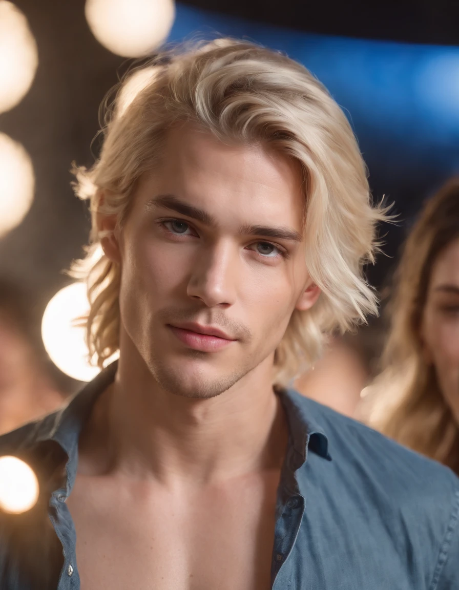 photo of a stunning handsome Hawaiian male, blue eyes, short messy windy light blonde hair, flipping hair, closeup zoomed in tight crop portrait, walking down a (runway at a fashion show scene models people:1.2) wearing a (casual designer clothing:1.3) (expensive cellphone on his hand:1.3) (Lighting-Gold:1.2) foreground objects background details (masterpiece:1.2) (photorealistic:1.2) (bokeh:1.2) (best quality) (color grading) (detailed skin:1.3) (intricate) (8k) (HDR) (cinematic lighting:1.3) (sharp focus), messy windy hair