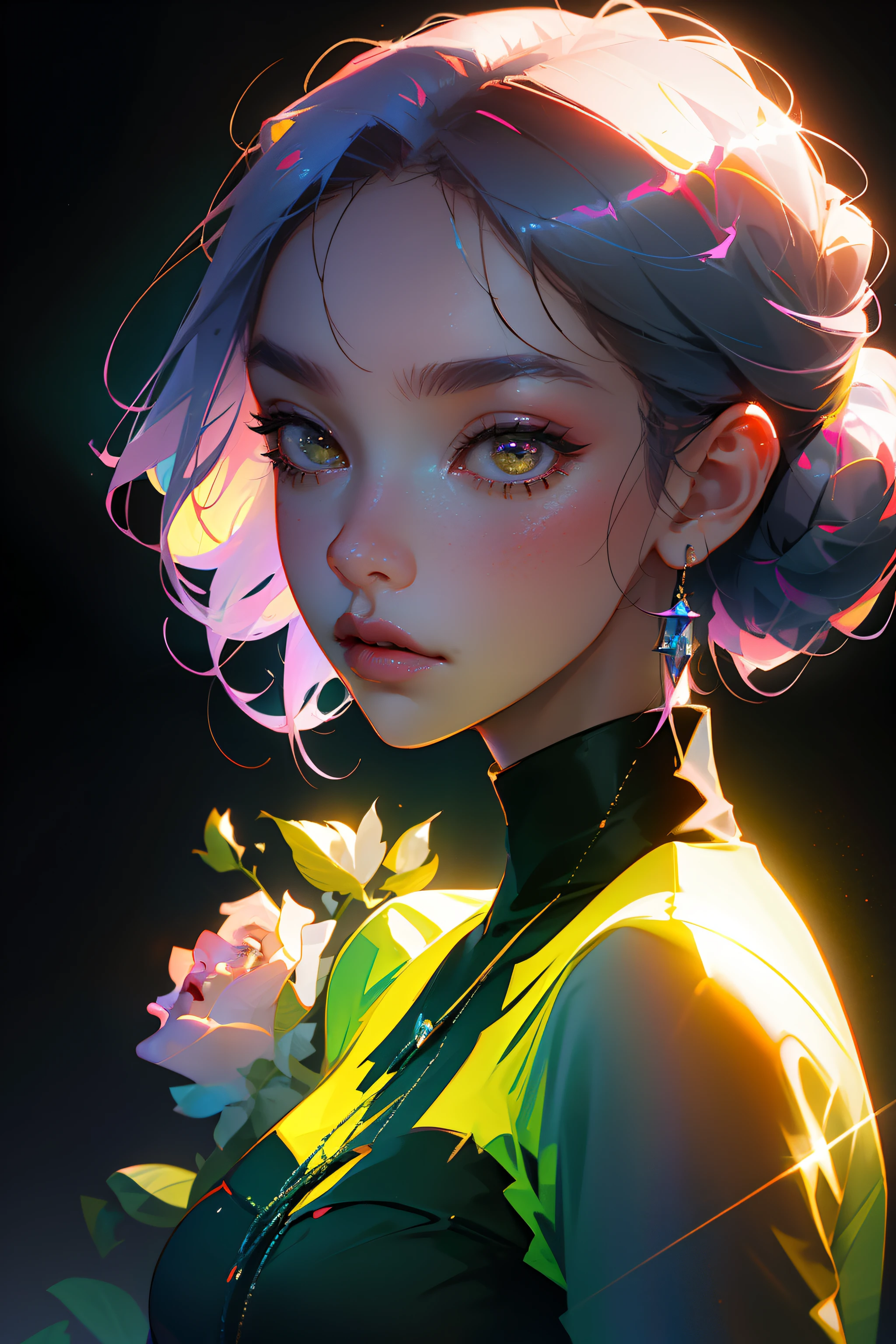 Highest quality,The perfect masterpiece,Perfect artwork,8K,
(Upper Body Portrait:1.5),(((Seen from the below side:1.2))),close-up lens,mature female face, yellow eyes, 
Purple-haired girl,(hakuhatsu:1.3),short and medium hair bun hair,(Black background:1.3),
pearl illusion,elegant ,fashion trend,3s material,high-definition,detail representation,c4d,3D,octane rendering,ray tracing,complex details,animated lighting,OCrenderer,8k,