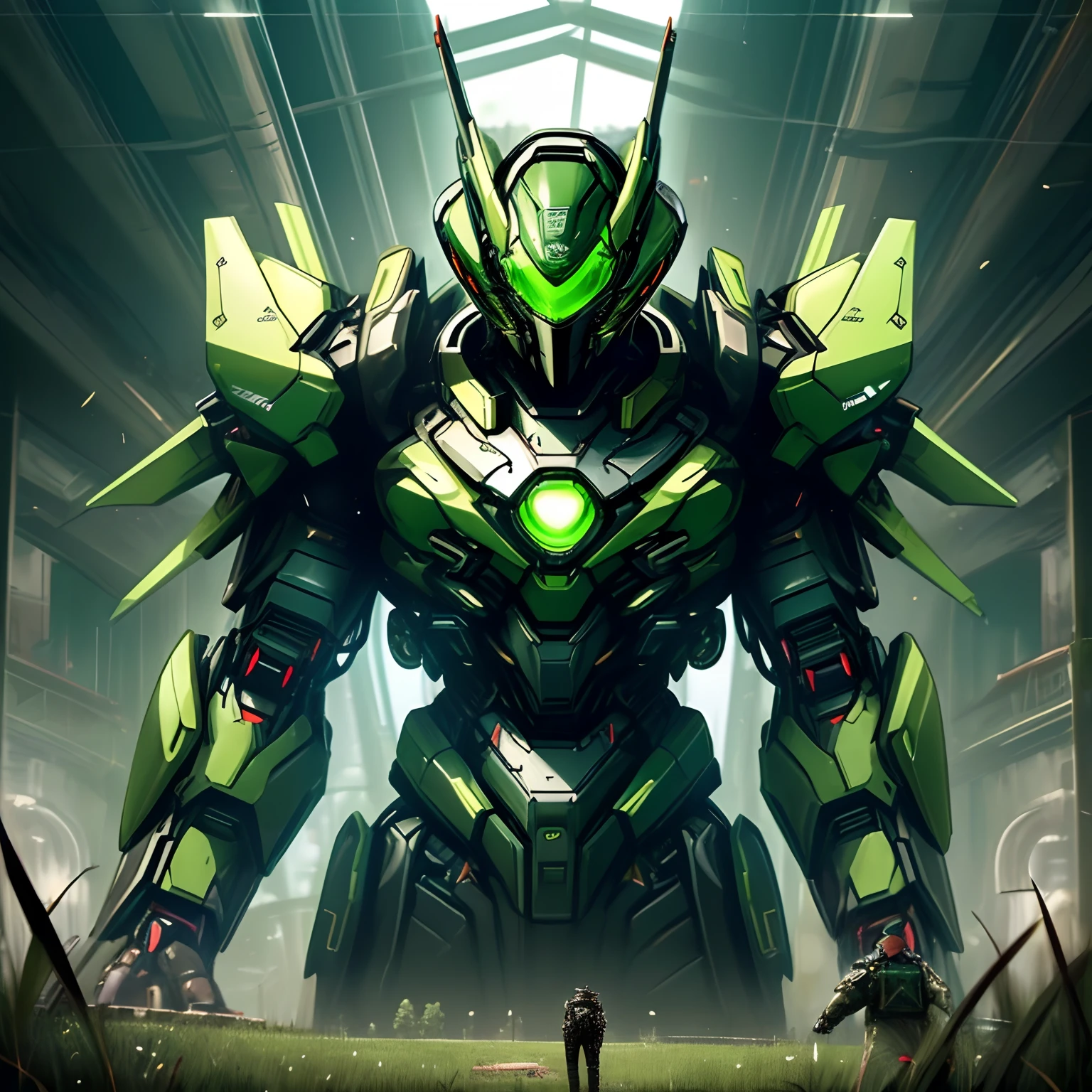 Dark_Fantasy、cyberpunked、(top-quality、​masterpiece)、(green grass:1.1)、1man、Mechanical Marvel、Robot Presence、Cybernetics Guardian、Cybernetic jacket、Villa Meadow