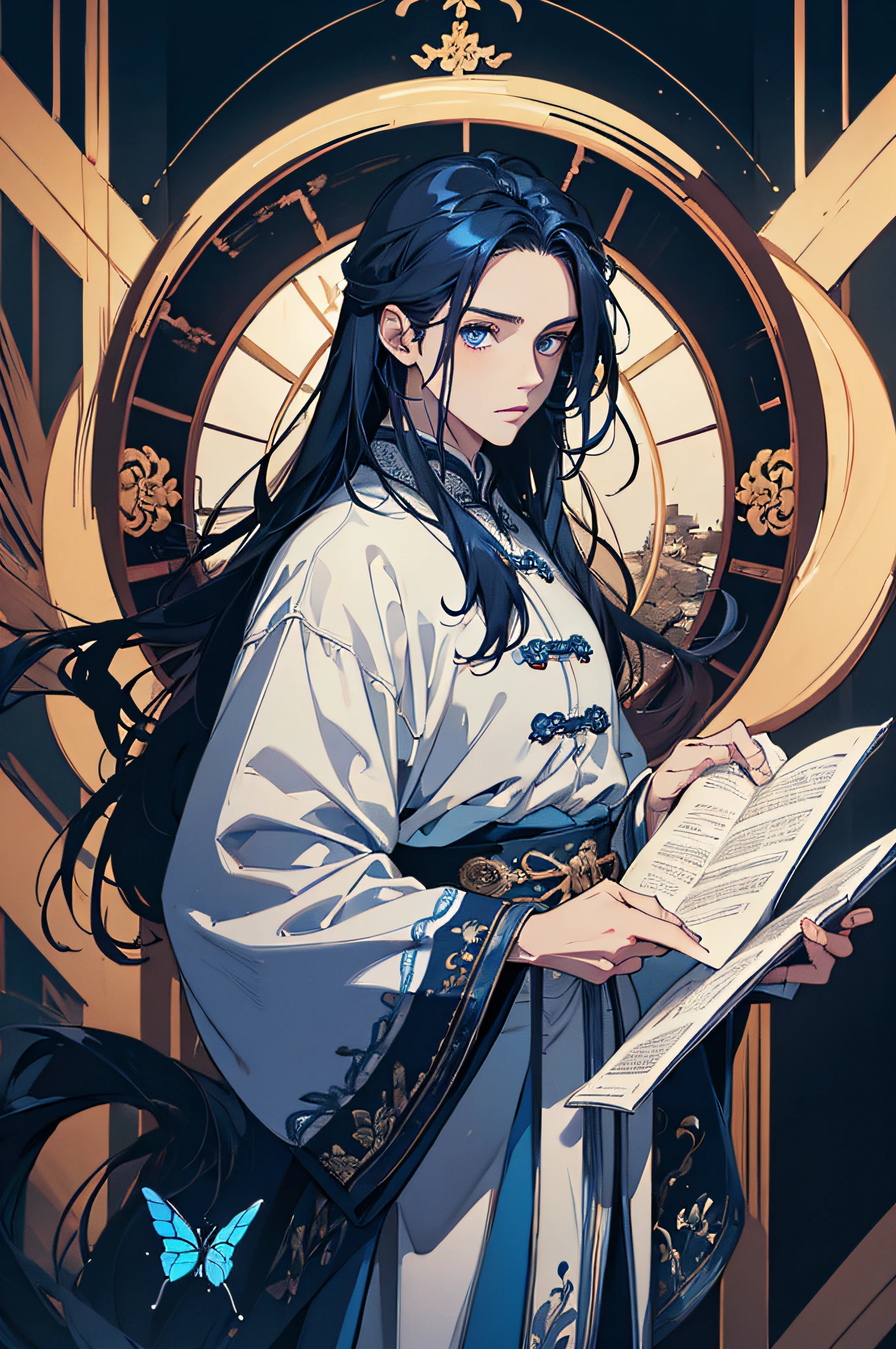 ((masterpiece)), (((best quality))), ((extrem details)), HDR, ((one man)), long dark blue hair, blue eyes, white glowing butterflies, night, old chinese clothing