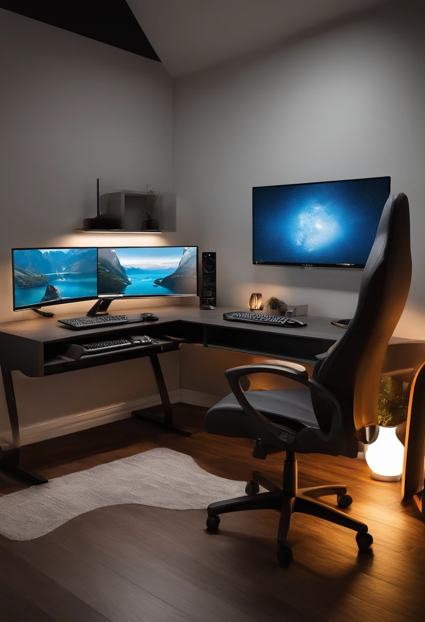 Imagine um quarto gamer minimalista, com um design clean e linhas retas. Design a workstation with a spacious desk, an ergonomic chair and a high-quality monitor. Don't forget to include some subtle details, as LED lights that enhance the environment.