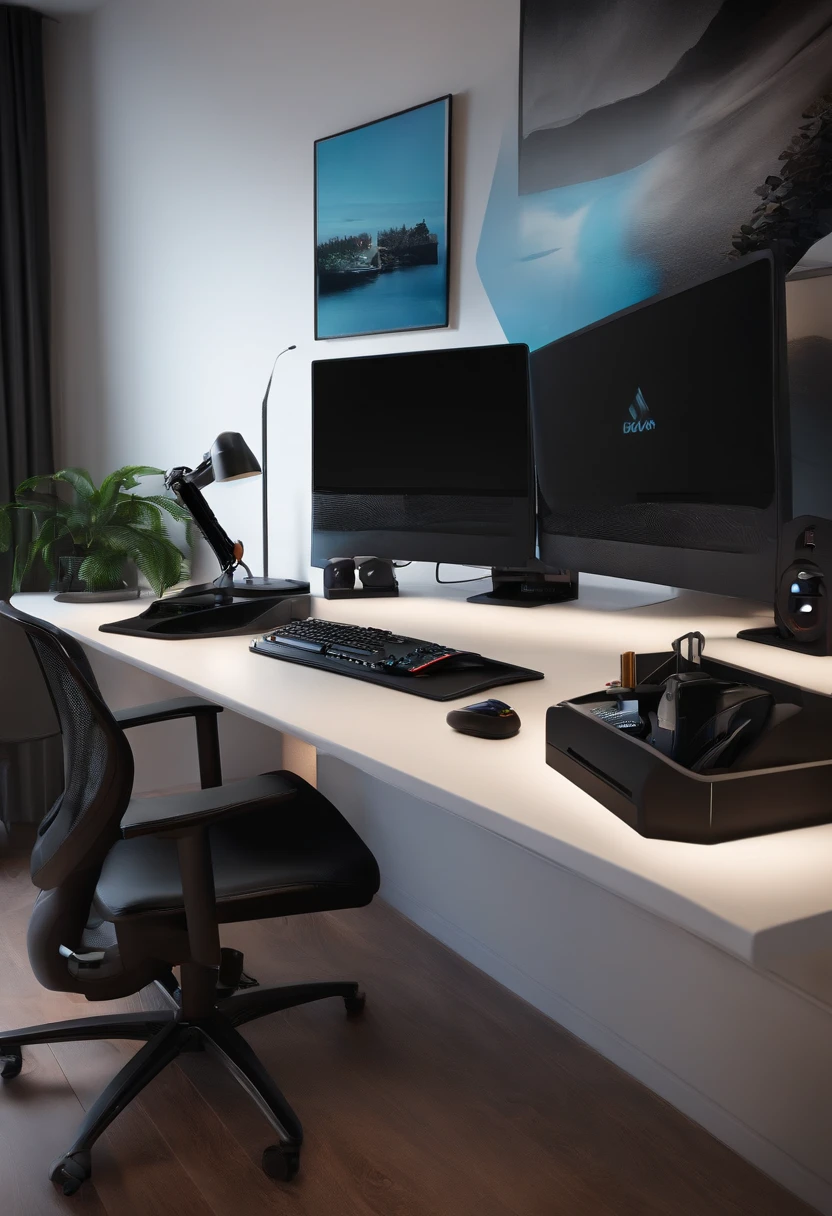 Imagine um quarto gamer minimalista, com um design clean e linhas retas. Design a workstation with a spacious desk, an ergonomic chair and a high-quality monitor. Don't forget to include some subtle details, as LED lights that enhance the environment.