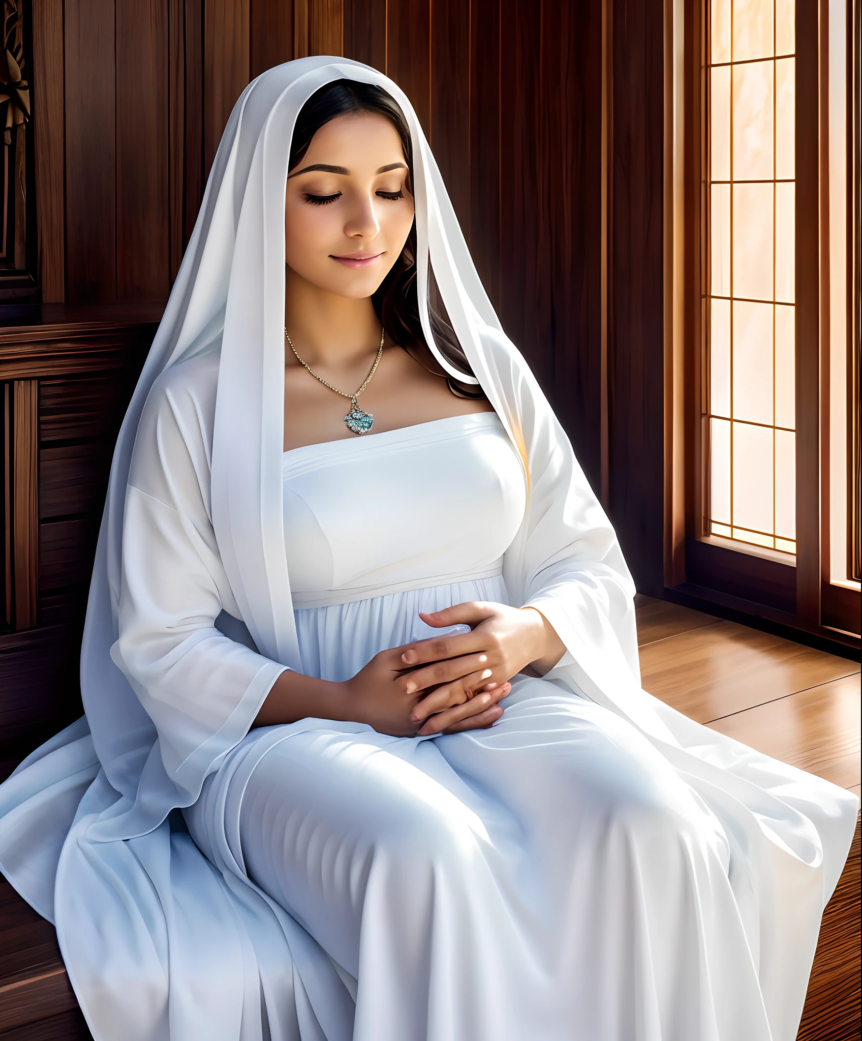 "Picture a divine and transcendent scene in the heart of the countryside of El Salvador, where the Virgin Mary, a symbol of grace and compassion, hovers gracefully in the air above a humble home. Her hands are extended in a gesture of blessing, radiating warmth and divine light. Virgin Mary is resplendent in her serene beauty, draped in flowing white robe that shimmer with celestial radiance. her gaze is fixed lovingly on the home, and her blessings reach out to touch the lives of those within. She is also wearing a blue vail with heavenly light descending from heaven over her. Her female anatomy of hands and feet are to be correct, without deformation.