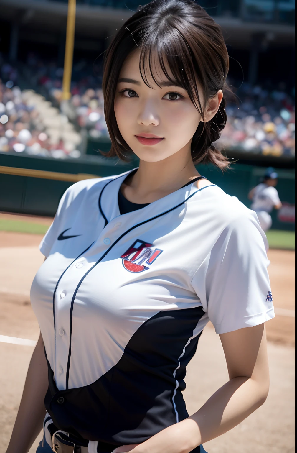 (8K, Raw photo, top-quality, masterpiece: 1.2), masterpiece, super detailing, Ultra-high decomposition energy A, (Realistic and realistic photos: 1.37), high-definition RAW color photography, Very delicate and beautiful., About Igree, 8K Wallpaper, astonishing, detaileds, extremely detailed eye, highlydetailed skin, extremely detailed fingers, highly detailed nose, highly detail mouth, perfect anatomia,1girll, (Baseball Uniforms), hazy, blured background, Blurred foreground, blush, braid, pectoral muscles, depth of fields, eyebrows visible through hair, Frild, hair between eye, Baseball Stadium, jewely,uniform、Navel dashi、Having a bouquet、look up at viewer, Short hair, Sitting, Solo, Colossal tits、乃木坂アイドル、韓国アイドル、hposing Gravure Idol、 Star、18year old、tall、韓国アイドル、乃木坂アイドル、 Star、hposing Gravure Idol、((full body Esbian)), ((Gravure Pose))