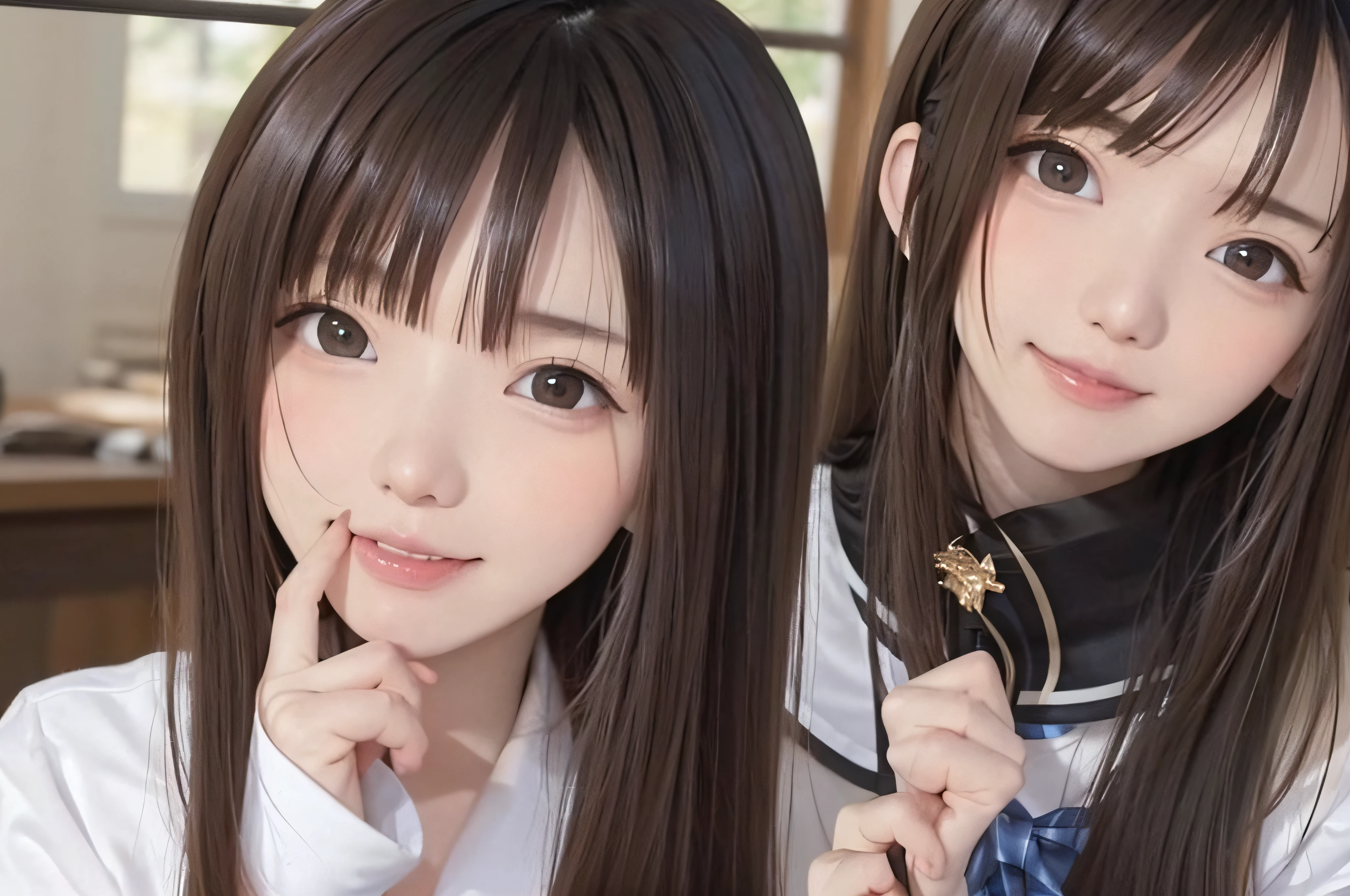 15yo student、brown haired、beautidful eyes、real looking skin、hi-school girl、small tits、(8K、​masterpiece)、(reallistic、Photorealsitic)、top-quality、ighly detailed、The ultra-detailliert、Beautie、cute little、japanes、a smile、Close-up portrait、Healthy face、School uniform、plaid skirts