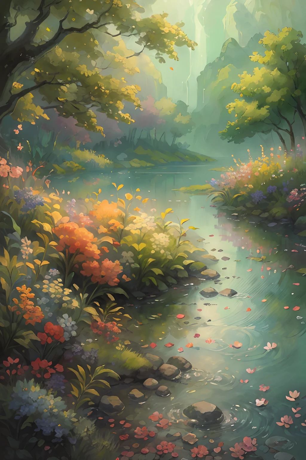 (Best quality,4K,8K,A high resolution,Masterpiece:1.2),Ultra-detailed,(Realistic,Photorealistic,photo-realistic:1.37),Amazing detail flowers,Fragrant flowers,Vibrant colors,peaceful scenery,Natural beauty,calm river,Scenic Trail,traditional painting,Soft sunlight,Impressionism,Pastel tones,Delicate petals,Subtle shadows,Peaceful atmosphere,magnificent view,Fresh air,Lush foliage,Harmonious composition,fine brush strokes,serene environment,endless horizon,SerenityofNature,Sparkling water,Invitation path,Ethereal beauty,The beauty of tranquility,Endless tranquility,A symphony of nature,Gentle breeze,Majestic mountains,awe-inspiring landscape,serene colors,Temporary moments,masterful brushstrokes,Peaceful riverbank,enchanting landscape,Moments of tranquility,Peaceful silence,whispering leaves.
