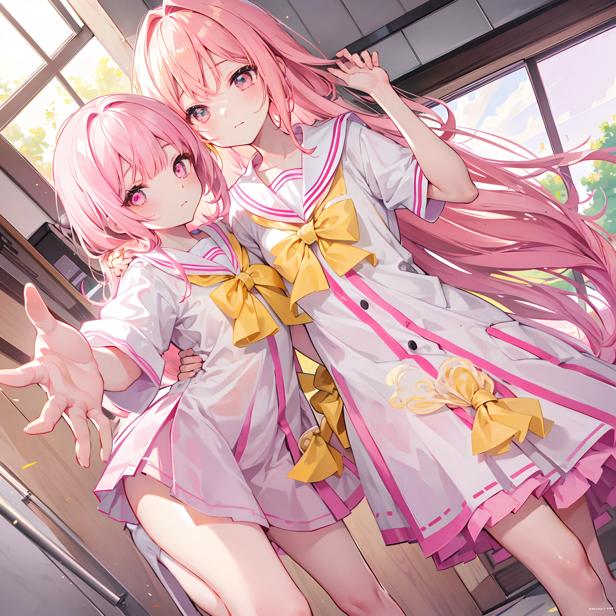 Glowing light pink yellow with hair and pupils，School uniforms in pink, yellow and white，Sweet  girl，The whole is shining