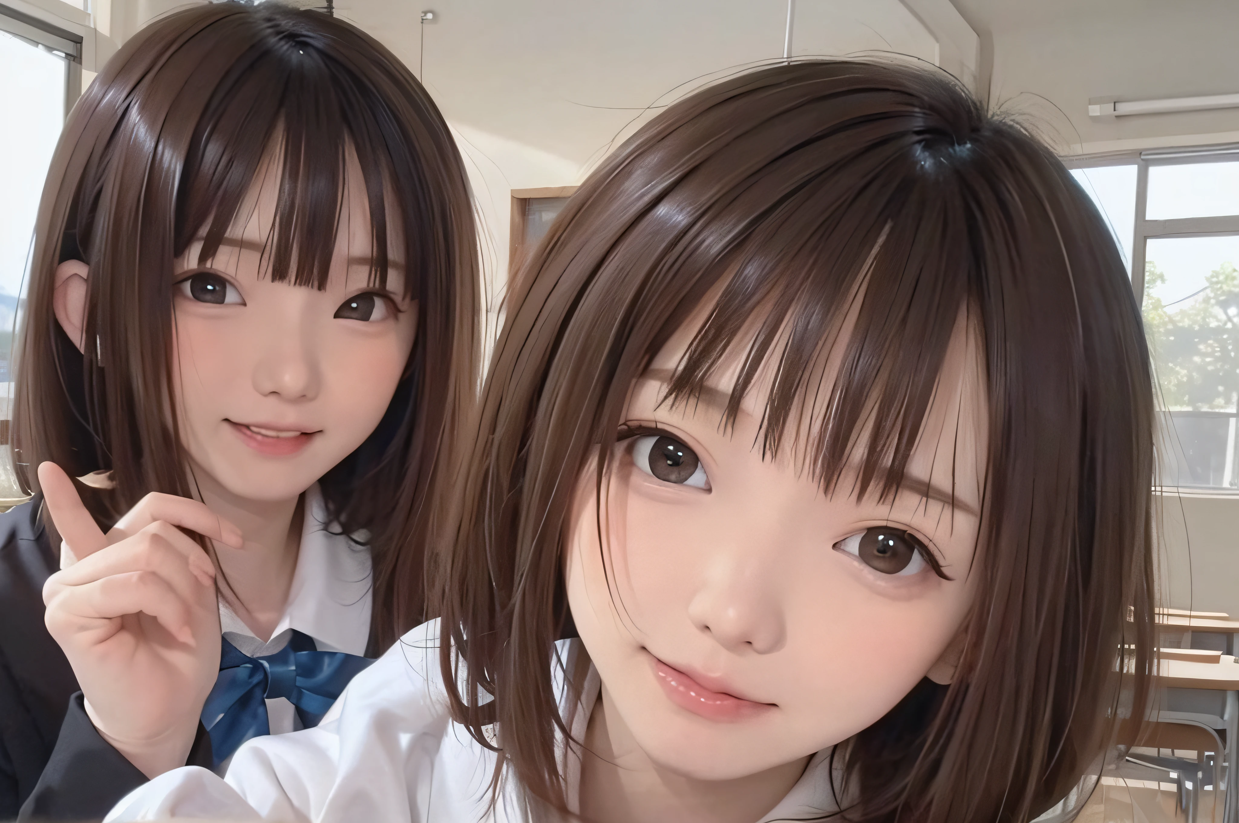 、brown haired、beautidful eyes、real looking skin、hi-school girl、small tits、(8K、​masterpiece)、(reallistic、Photorealsitic)、top-quality、ighly detailed、The ultra-detailliert、Beautie、cute little、japanes、a smile、Close-up portrait、Healthy face、School uniform、plaid skirts