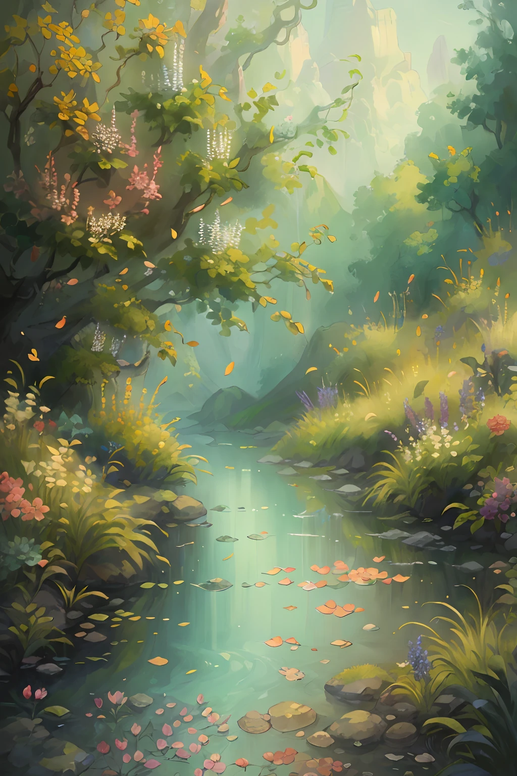 (Best quality,4K,8K,A high resolution,Masterpiece:1.2),Ultra-detailed,(Realistic,Photorealistic,photo-realistic:1.37),Amazing detail flowers,Fragrant flowers,Vibrant colors,peaceful scenery,Natural beauty,calm river,Scenic Trail,traditional painting,Soft sunlight,Impressionism,Pastel tones,Delicate petals,Subtle shadows,Peaceful atmosphere,magnificent view,Fresh air,Lush foliage,Harmonious composition,fine brush strokes,serene environment,endless horizon,SerenityofNature,Sparkling water,Invitation path,Ethereal beauty,The beauty of tranquility,Endless tranquility,A symphony of nature,Gentle breeze,Majestic mountains,awe-inspiring landscape,serene colors,Temporary moments,masterful brushstrokes,Peaceful riverbank,enchanting landscape,Moments of tranquility,Peaceful silence,whispering leaves.