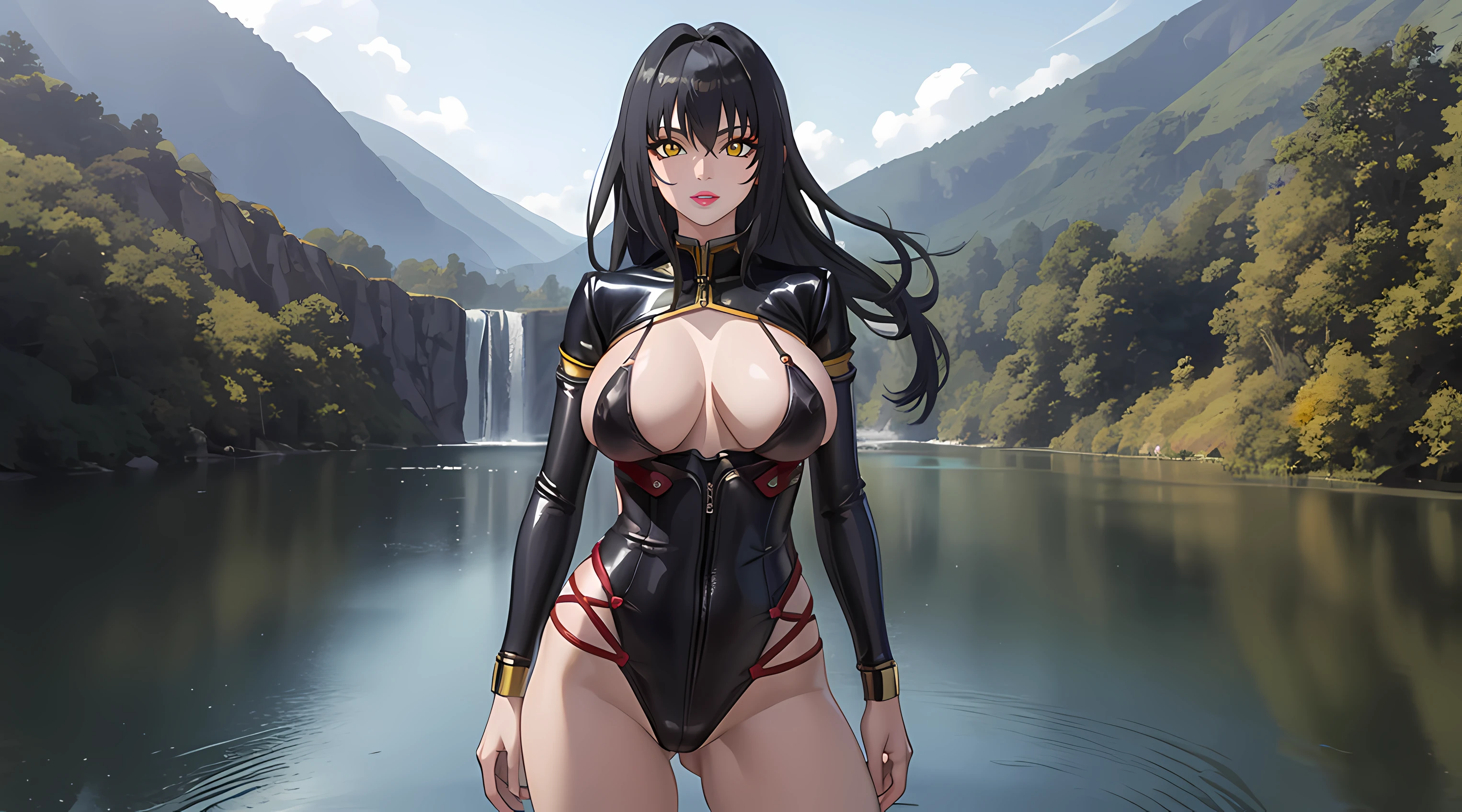 (masterpiece:1.4),(best quality:1.4), soft lighting, sunny light, beautiful face, beautiful eyes, cowboy shot,
Annerose, 1girl, solo, female mature, black hair, long hair, (yellow eyes:1.4), large breasts, micro bikini, skin tight, hair intakes, covered breasts, exquisite eyes detail, exquisite character design unity details 8k hdr, professional art, landscape, (solo:1.5, 1girl:1.4, cowboy shot:1.5), day, stand in the middle of lake surrounding by waterfall natural, sexy body, milf, 35 years old girl, big thighs, sexy waist, fully covered breasts