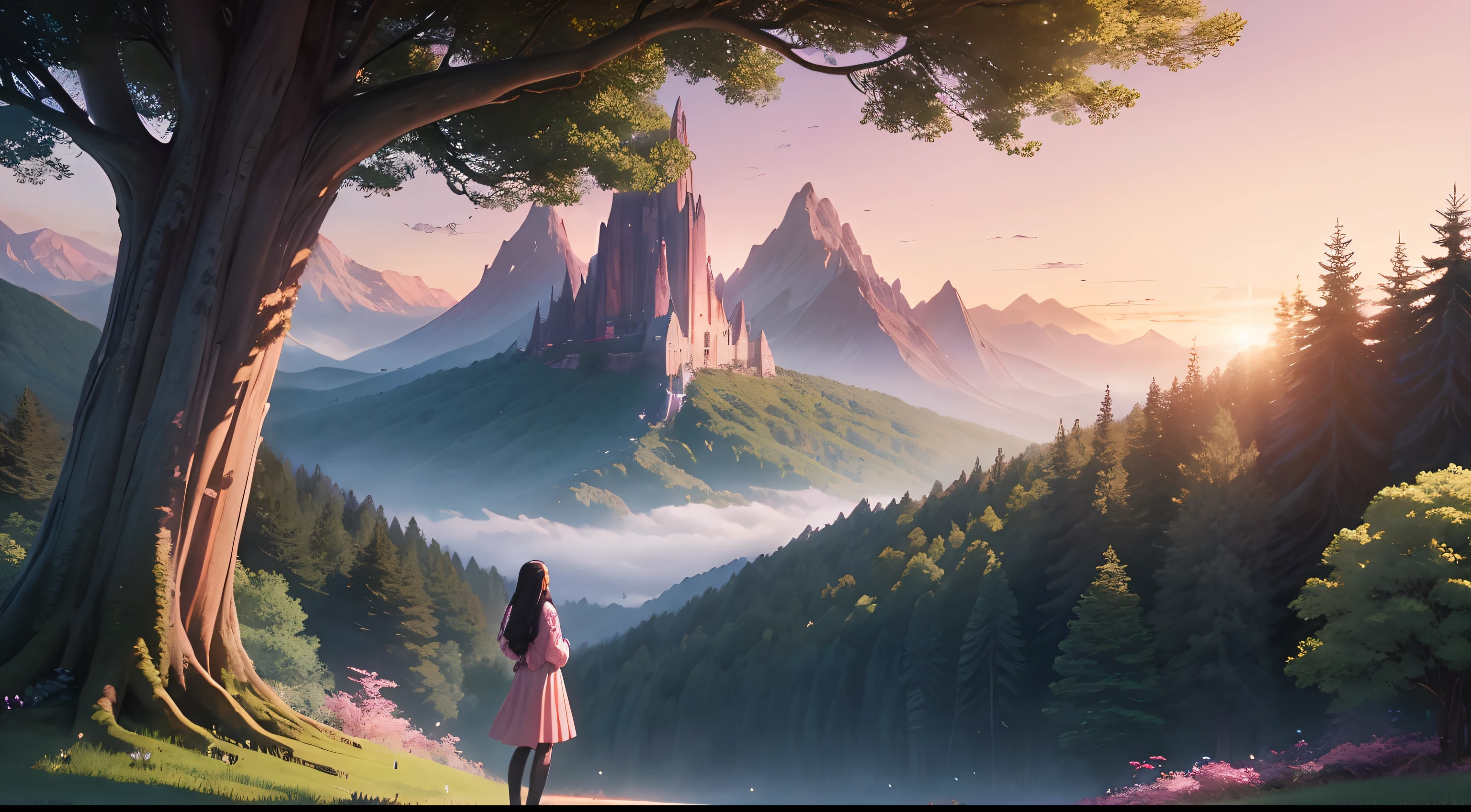 Enchanted Kingdom, Dawn Landscape, Magical Setting, Pink Sky, Orange Tones, Purple Hues, Heavenly Atmosphere, Majestic Mountains, Soft Fog, Lush Forest, Tall Trees, Leafy Canopy, Sparkling Flowers, Morning Light, Determined Protagonist, Luna, Long Black Hair, Simple Attire, Song Book, Curiosity, Courage, Awakening Creatures, First Rays of Sun, Dancing Fairies, Forest Spirits, Deep Connection, Forest Spirit Sylva, Studio Ghibli, Ghibli Style.